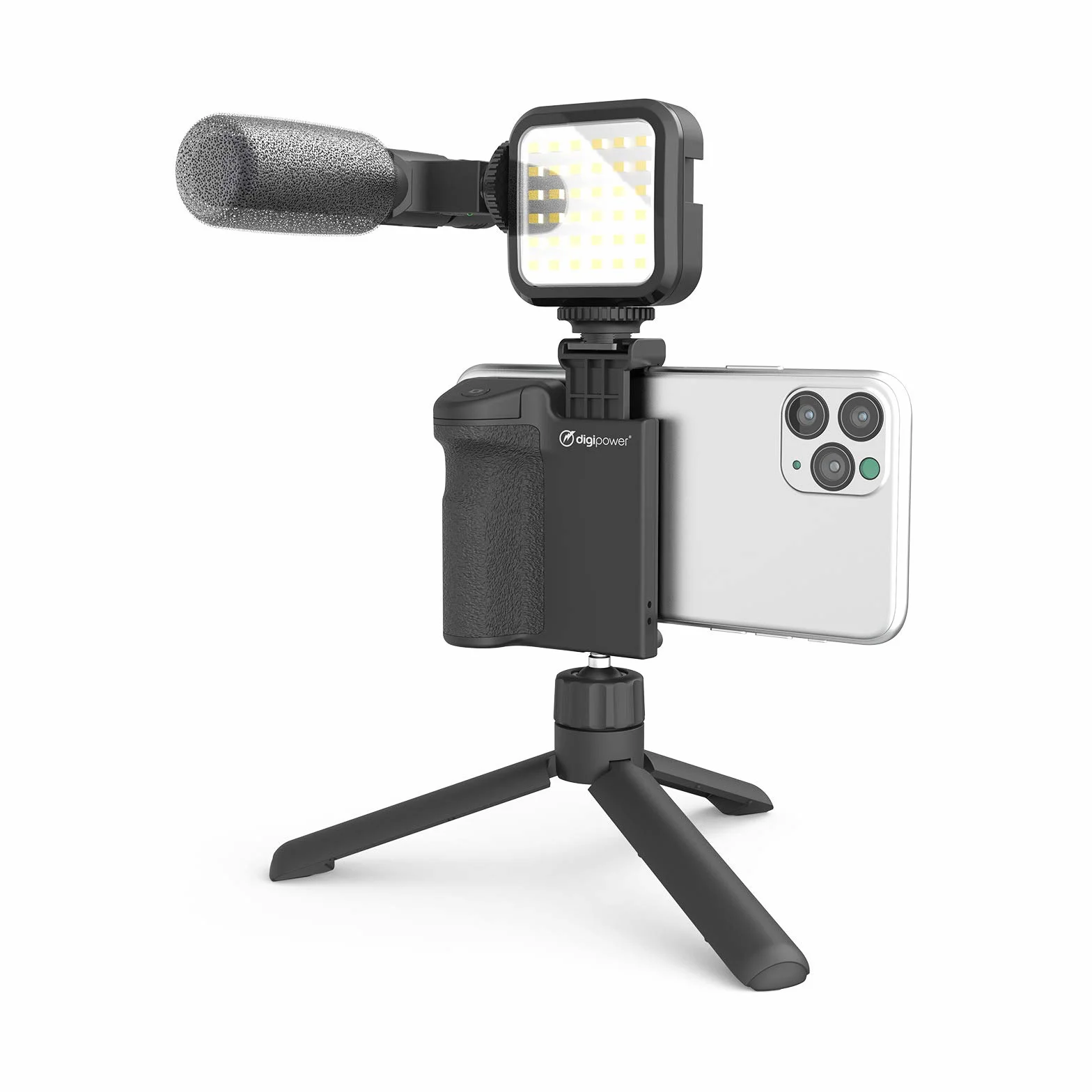 DigiPower Follow ME #GoViral zestaw do vlogowania do aparatów i telefonów, z mikrofonem, 36 diodami LED, uchwytem do smartfona, bezprzewodowym pilotem migawki, statywem, sprzętem do vlogowania na