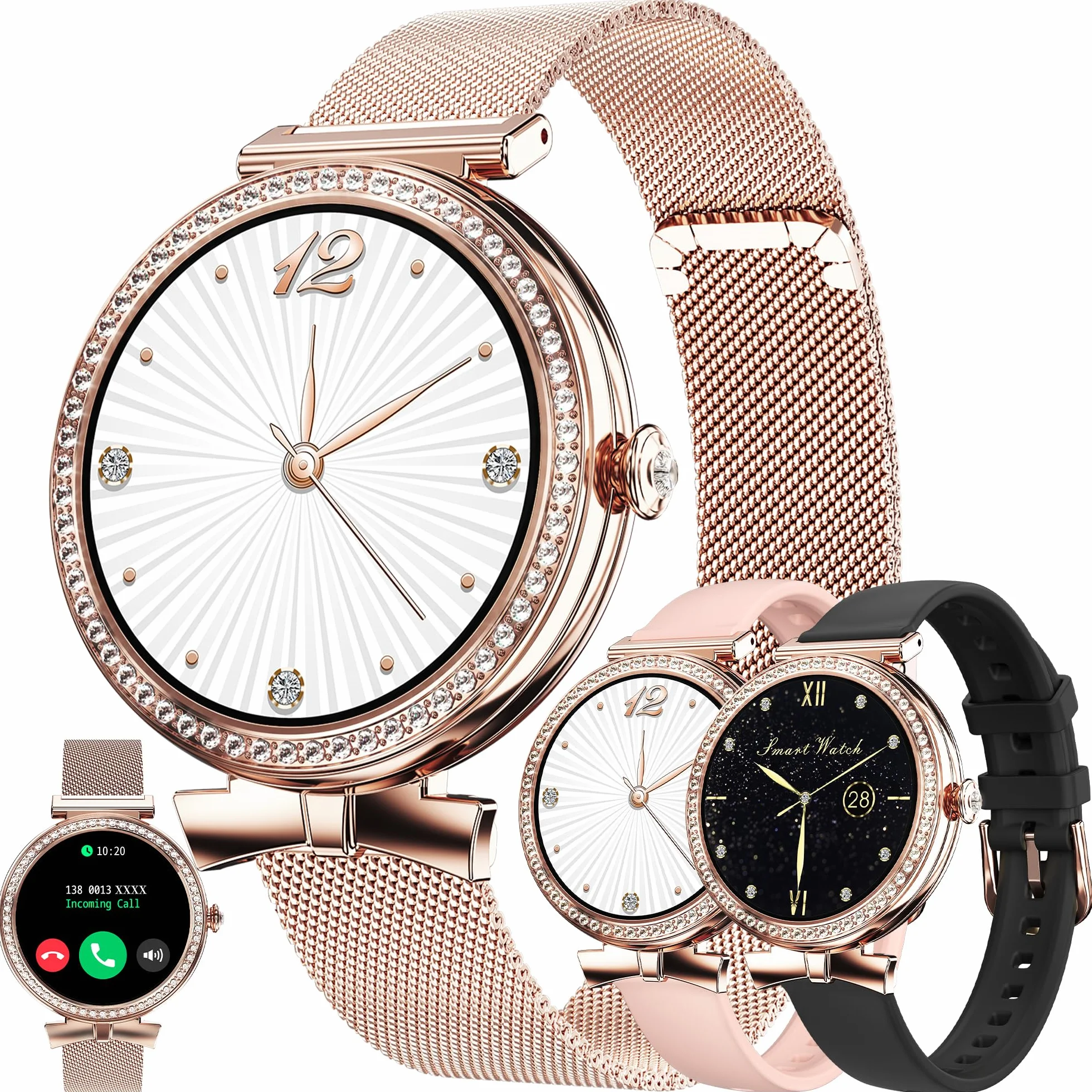 Smartwatche Kobiety z Funkcje Telefonu Bluetooth, Sportowy Diamanti Smart Watch 1,2 AMOLED ze 123 Sportowymi, Odtwarzaczem Muzycznym, Pomiarem Tętna, Wodoodpornością IP68 dla Android iOS (Złoto)