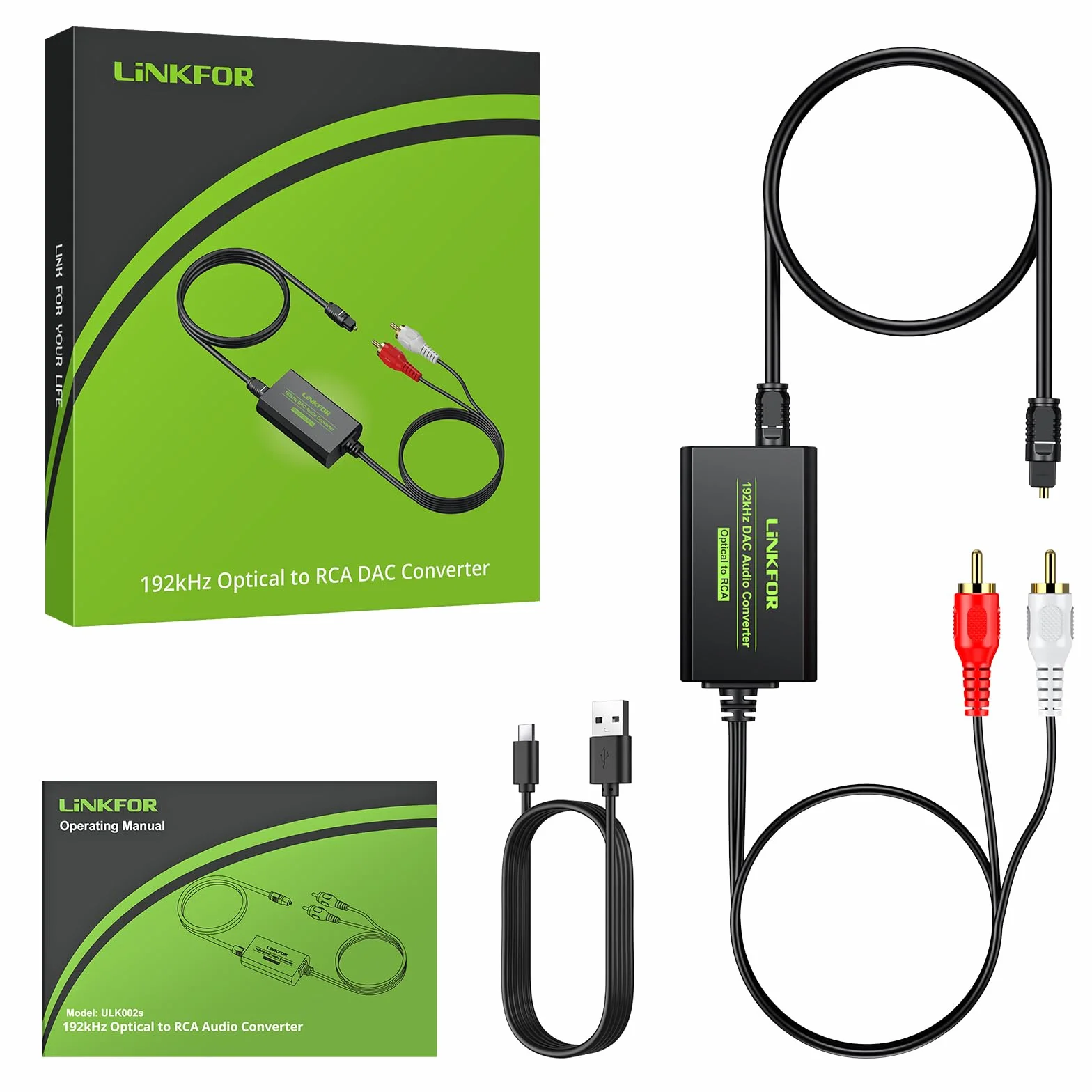 LiNKFOR Konwerter DAC 192 kHz cyfrowy na analogowy konwerter cyfrowy optyczny SPDIF Toslink do analogowego audio stereo RCA L/R adapter audio z kablem optycznym do HDTV Blu Ray DVD Amps TV Box konsoli