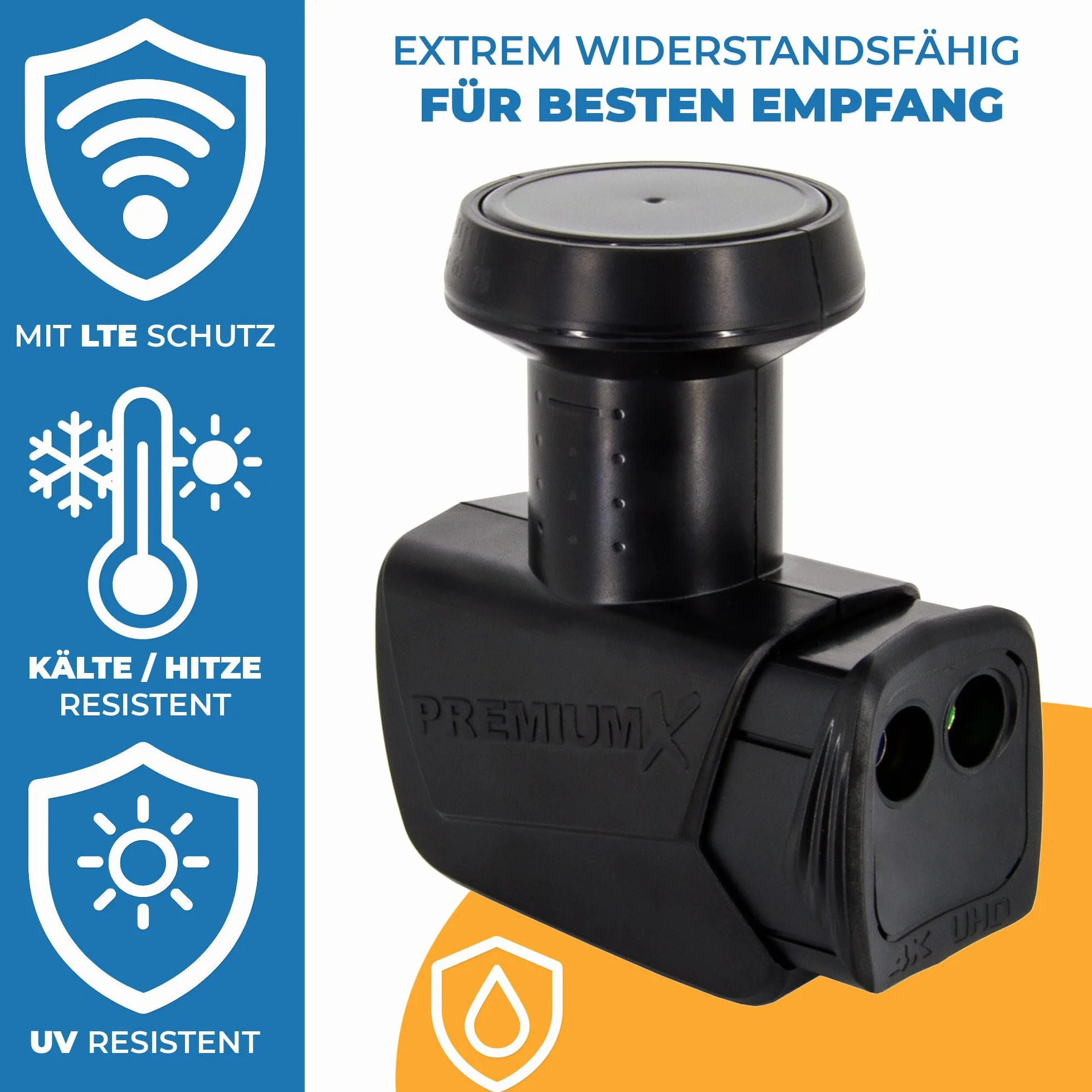 PremiumX Twin LNB dla 2 użytkownika – Konwerter sygnału telewizyjnego z ochroną przed warunkami atmosferycznymi – Cyfrowy odbiornik satelitarny w kolorze czarnym – DVB-S2 8K UHD 4K Full HD