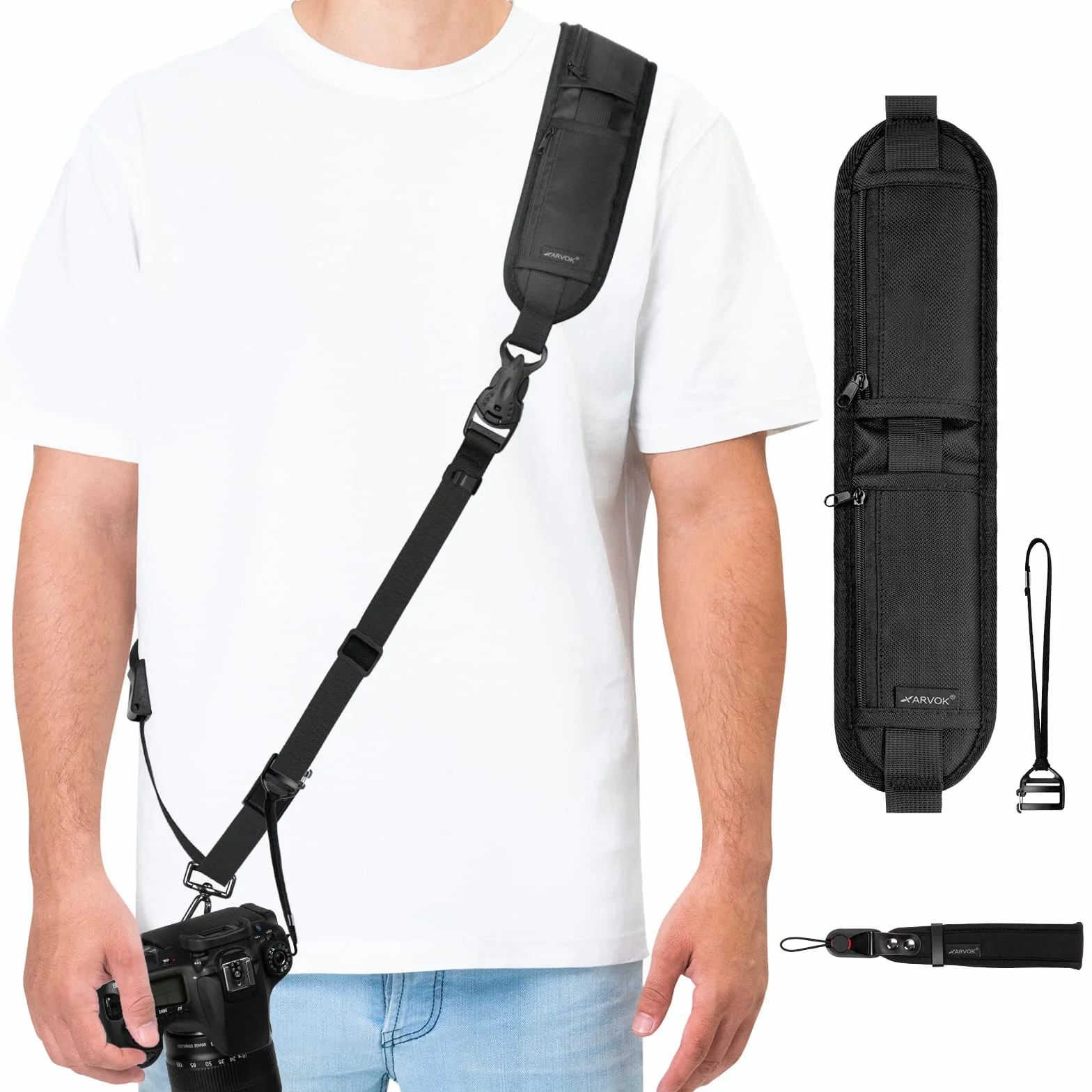 ARVOK Pasek do Aparatu dla Fotografów - Szybkie Odpinanie, Pasek Bezpieczeństwa, Regulowany na Ramię dla Nikon, Canon, Sony, Fuji, DSLR