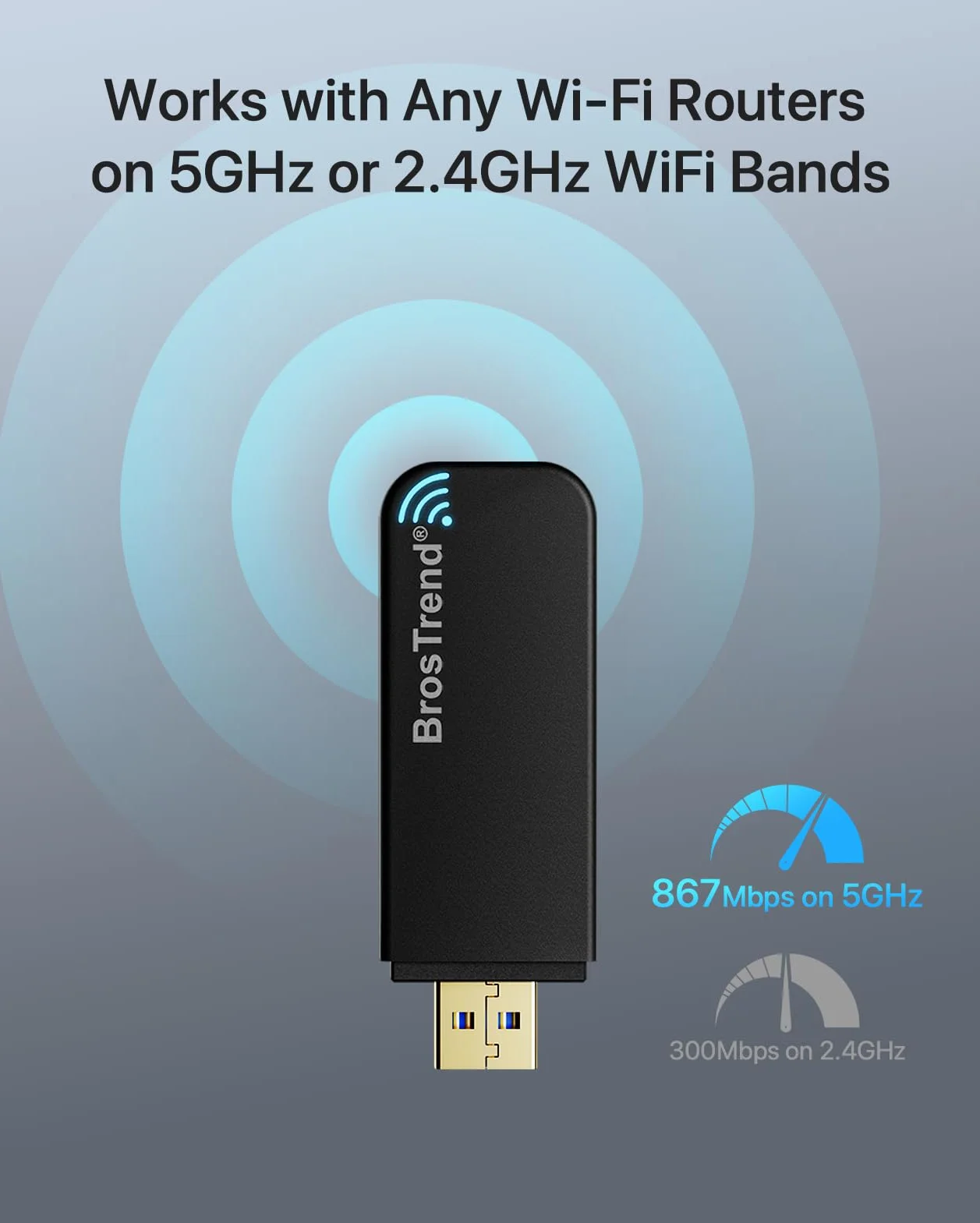 BrosTrend Adapter Linux USB WiFi AC1200 obsługuje Kali, Ubuntu, Mint, MATE | Debian, Kubuntu, LMDE, Zorin, Raspberry Pi 2+, Windows 11, bezprzewodowy dwupasmowy klucz sprzętowy Linux WiFi 5 GHz/867 Mb
