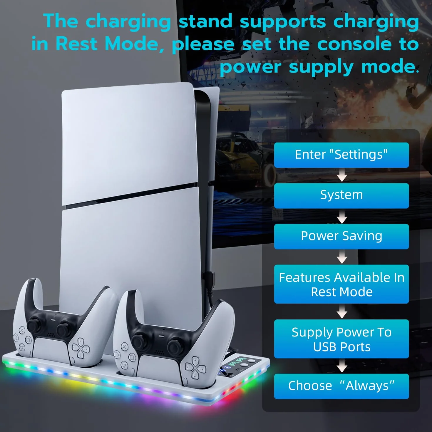 Wigearss Pionowy uchwyt do PS5/PS5 Slim/PS5 Pro z wentylatorami chłodzącymi, wielofunkcyjny ze światłem RGB, ładowarką do sterowników i portem typu C i USB