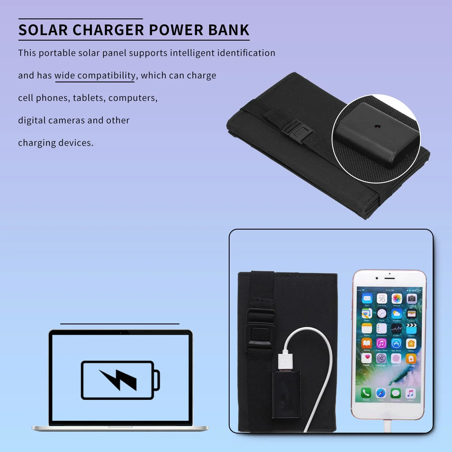 Przenośny Panel Słoneczny 20 W, Składana ładowarka do Paneli Słonecznych USB, Wodoodporność IP65, Wyjście USB5V, Rozłożone Panele Słoneczne 480x185mm do Telefonu, Laptopa,(Czarny)