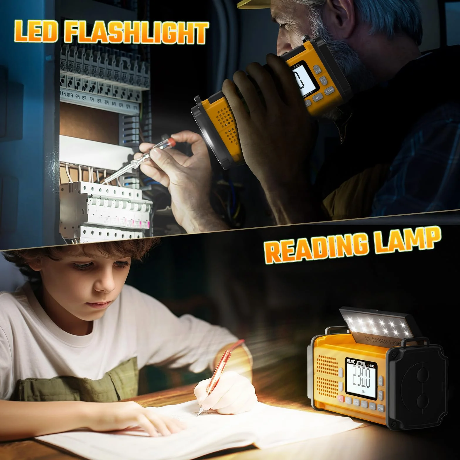 J-924 DAB przenośne radio słoneczne FM, radiolina z korbą Dynamo | z baterią 10000 mAh, radiem bateryjnym z latarką i światłem do czytania/alarmem SOS do Ourdoor, awaryjne (żółte)