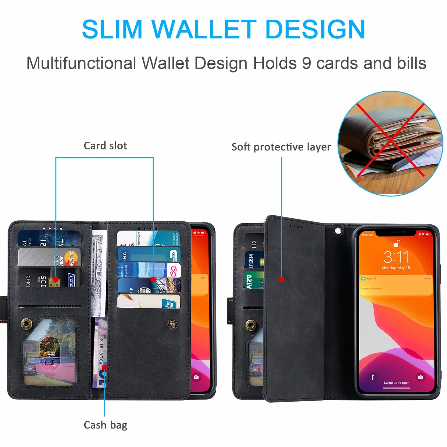 Etui do iPhone 14/14 Pro/14 Plus/14 Pro Max, skórzane etui na telefon komórkowy, portmonetka ochronna, portfel z 9 przegródkami na karty, etui z klapką, odporne na uderzenia, czarne, 35,5 cm (6,1")