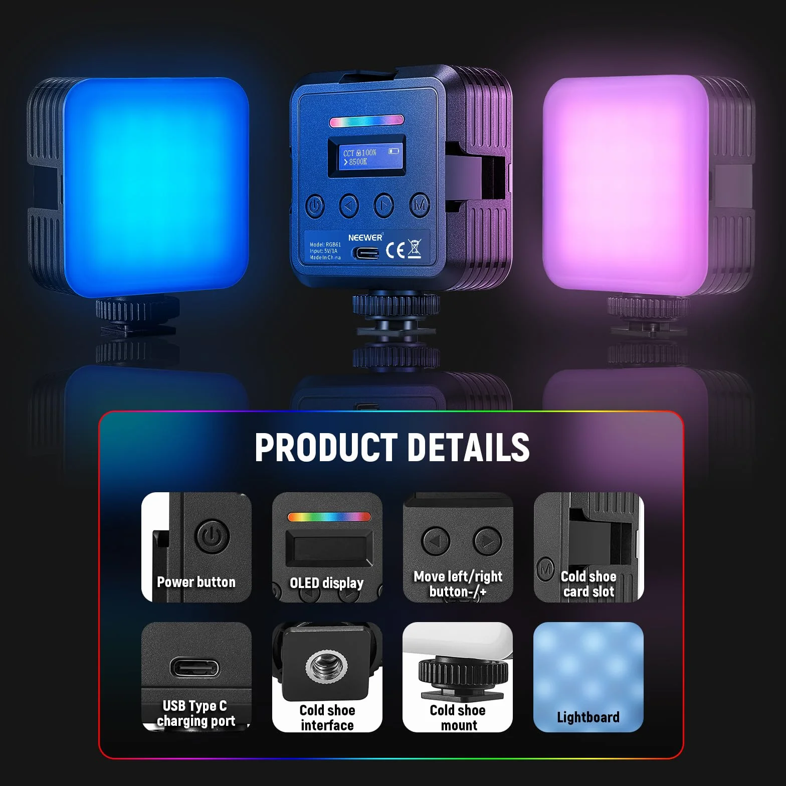 NEEWER Zestaw 2 magnetycznych lamp wideo RGB 360° w pełnym kolorze RGB61 LED do kamery z 3 uchwytami na zimny pazur/CRI 97+/20 trybu sceny/2500K-8500K/2000mAh Przenośne oświetlenie do selfie
