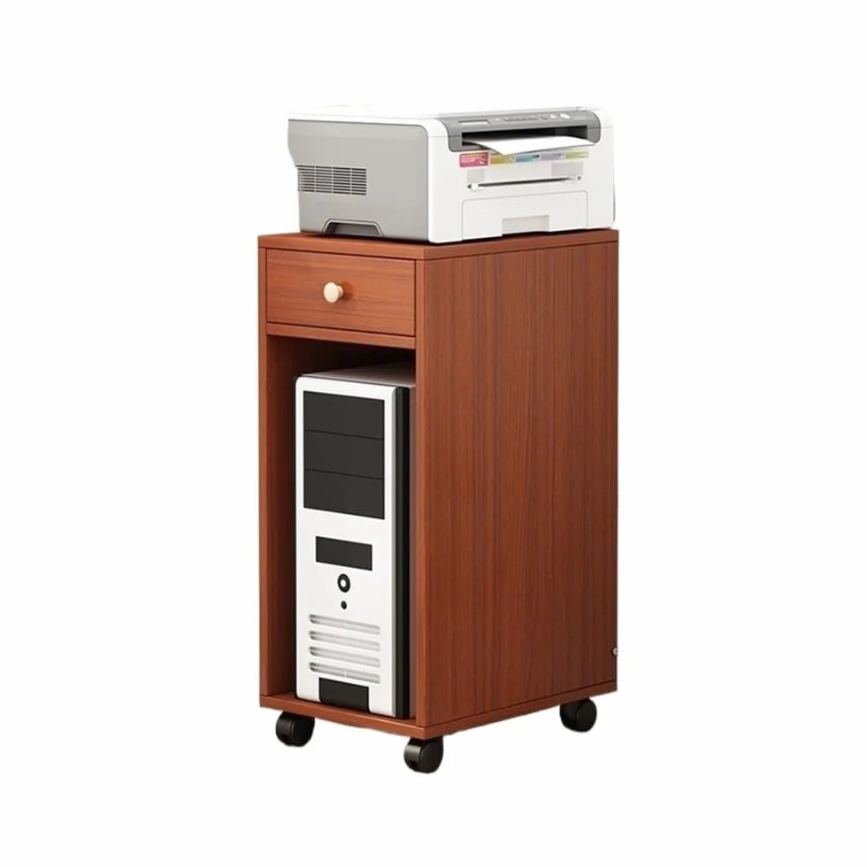 Stojak na komputer PC Tower z miejscem do przechowywania, 2-poziomowy, drewniany uchwyt na procesor, stojak z szufladą, mobilny wózek do drukarki, uchwyt etui z PC, do domowego biura (brązowy)