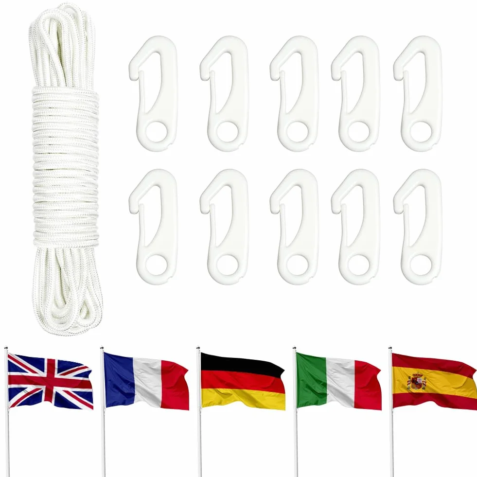 Lina do masztu flagowego 15 m, z 10 szt. klipsów do masztu flag, nylonowa lina flagowa o grubości 6 mm, biała linia flagi, zestaw linek do użytku na zewnątrz, na huśtawkę, do ogrodu, na kemping