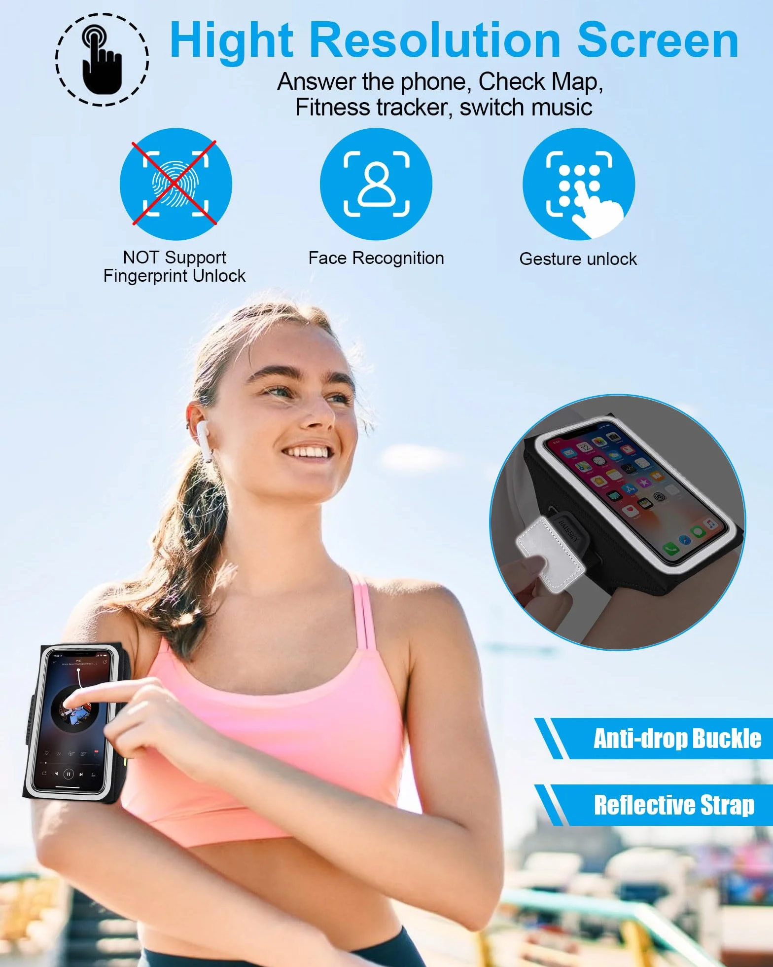 Uchwyt na telefon do biegania z torbą na słuchawki, RAZOBWS Opaska na ramię do iPhone'a 15 14 13 12 11 Pro Max Galaxy S23 S22 Ultra wodoodporna opaska na ramię do grubego etui na telefon