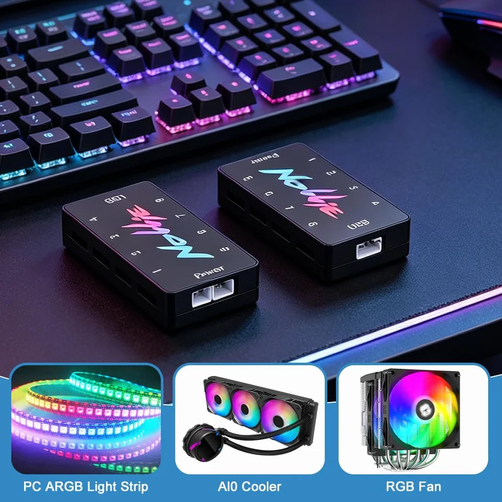 Kontroler ARGB, kontroler HOVCEH 5 V 3 PIN ARGB, hub do wentylatorów PC RGB z 2 portami zasilania SATA i 8 portami, procesor z rdzeniem RISC-V, kompatybilny z SignalRGB i OpenRGB