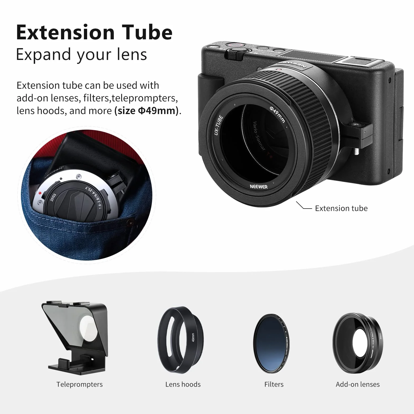 NEEWER Obiektyw szerokokątny kompatybilny z aparatem Sony ZV1, 2 w 1, szerokokątny obiektyw HD 18 mm i 10-krotny dodatkowy obiektyw makro z rurką przedłużającą, bagnetowy adapter soczewki, ściereczka