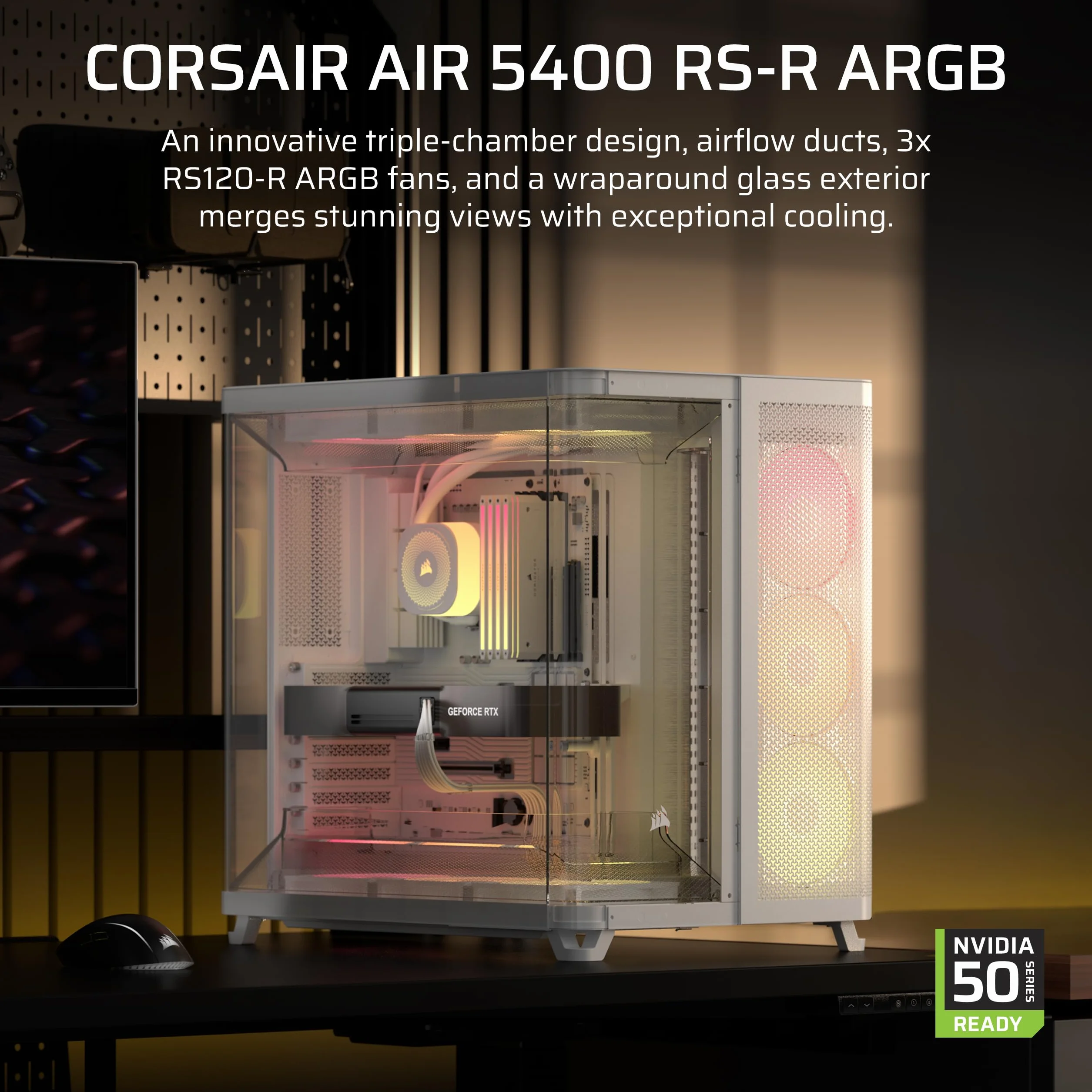 CORSAIR AIR 5400 RS-R ARGB trzykomorowa obudowa Mid-Tower Panoramiczna PC – 3 x wstępnie zainstalowane wentylatory RS120-R ARGB, niski poziom hałasu, kanały o wysokim przepływie powietrza, tylna płyta