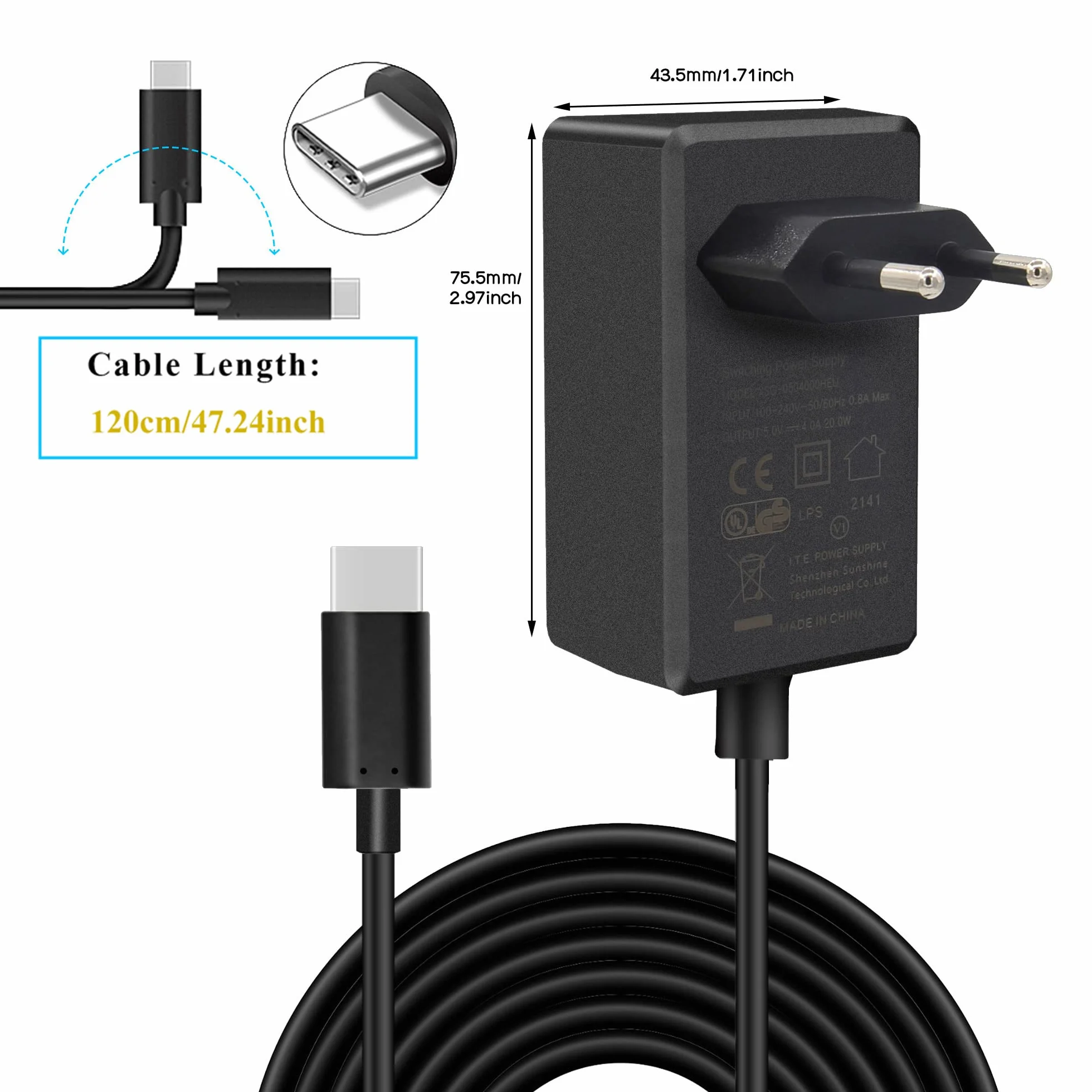 Geekworm Raspberry Pi 4 Zasilacz Power Supply, USB-C 5V 4A 20W Power Adapter Charging for Raspberry Pi 4 Model B 8GB / 4GB / 2GB / NASPi / X735 / X708 / X728 / X630 / Pi 400 / Orange Pi 5 / 5B / 5 Plus