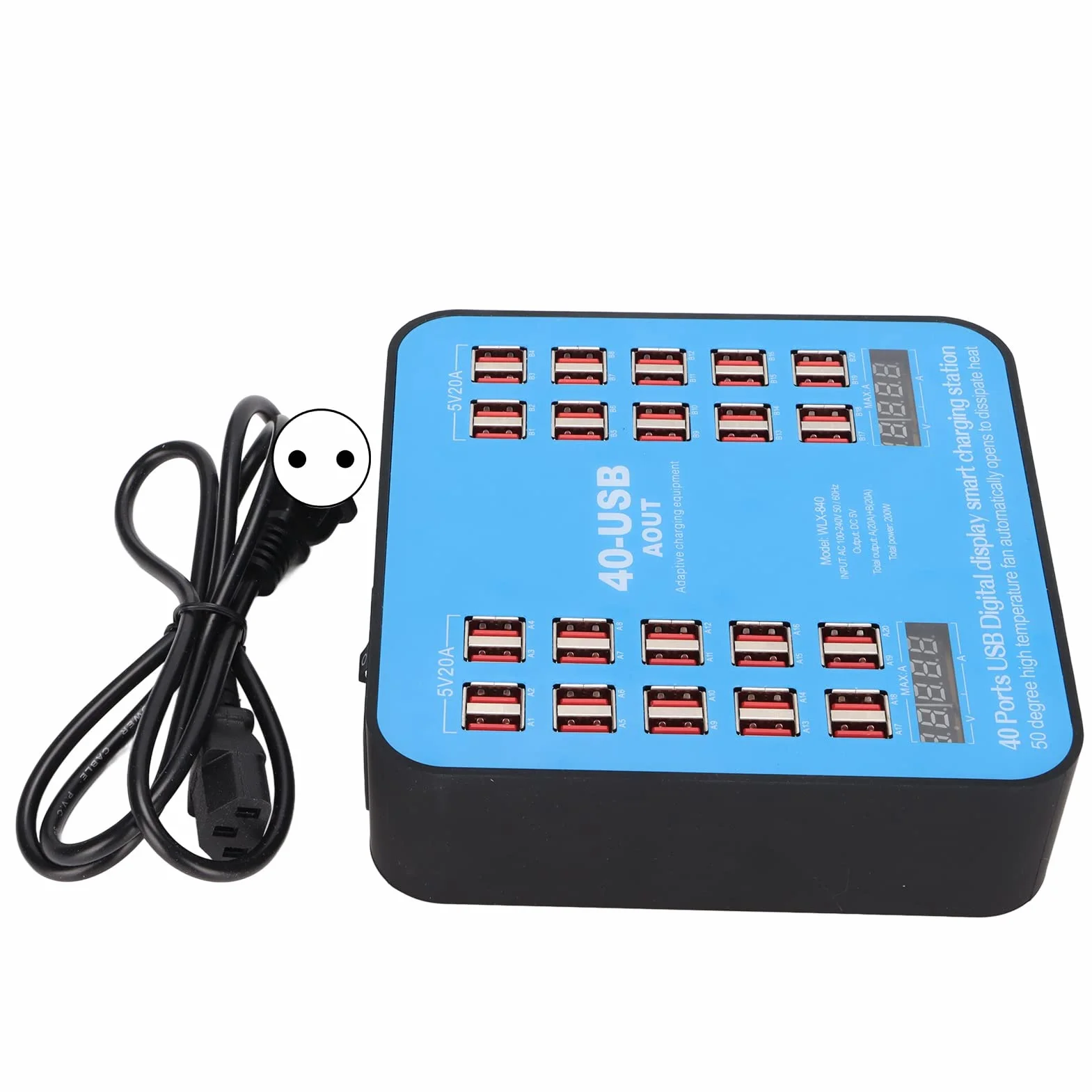 Wieloportowa Stacja ładująca USB, Koncentrator ładujący WLX‑840 z 40 Portami i Cyfrowym Wyświetlaczem LCD, Wieloportowa ładowarka 200 W do Tabletu z Telefonem Komórkowym(Wtyczka UE)