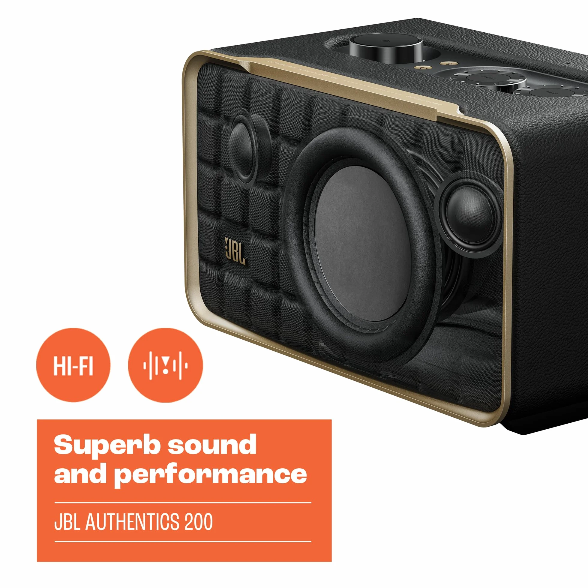 JBL Authentics 200, Inteligentny Głośnik Domowy z Wi-Fi, Bluetooth, Dźwiękiem Stereo i Mocnym Basem, Kompatybilny z Alexa i Google Home, w Stylu Retro