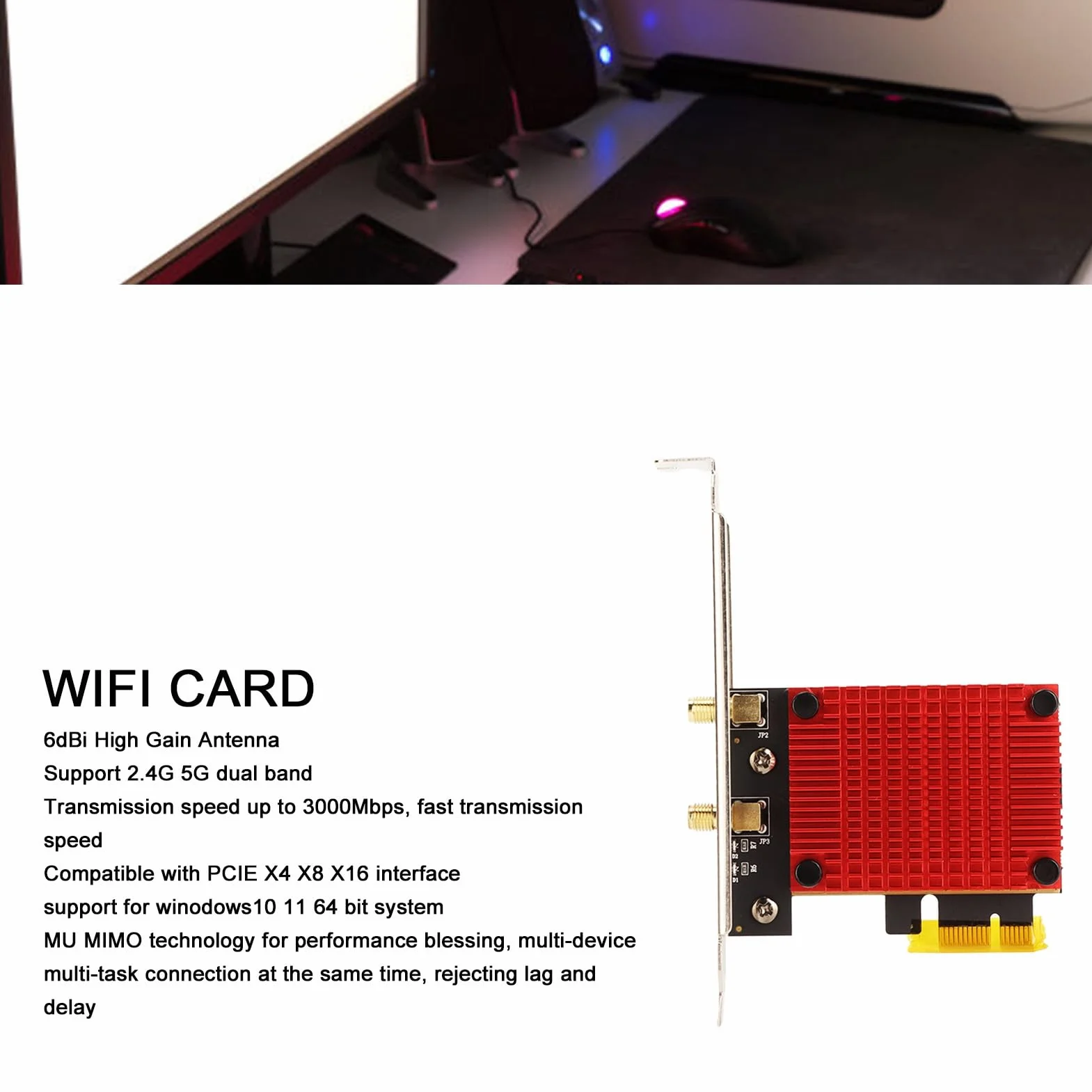 Bezprzewodowa karta PCIe, obsługa anteny 6dBi High Gain Dual Band 2.4G 5G do 3000 Mb/s, kompatybilna z interfejsem PCIe X4 X8 X16, wymienna antena zewnętrzna obsługuje system Winodows10 11 64-bitowy