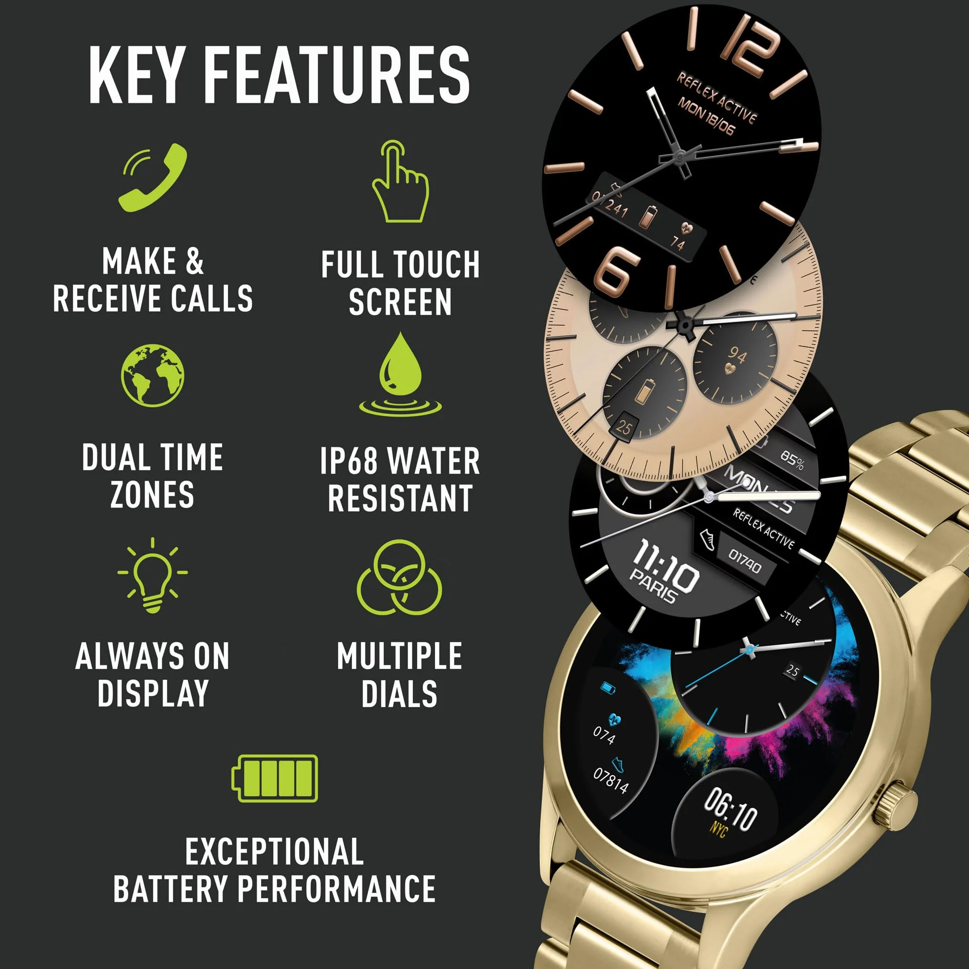 Reflex Active Seria 31 Amoled Smart Calling Watch dla kobiet i mężczyzn z Bluetooth, 3.9 cm, monitor aktywności, tlenu we krwi, monitorowanie tętna i bransoletka ze stali nierdzewnej, kompatybilny z