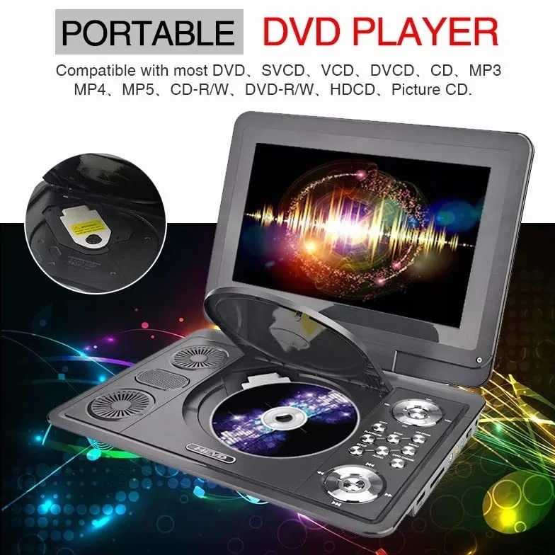 Przenośny odtwarzacz DVD, Odtwarzacz DVD 13-calowy przenośny przenośny cyfrowy odtwarzacz multimedialny HD TV EVD Radio Karta SD U Disk,for Home,Car