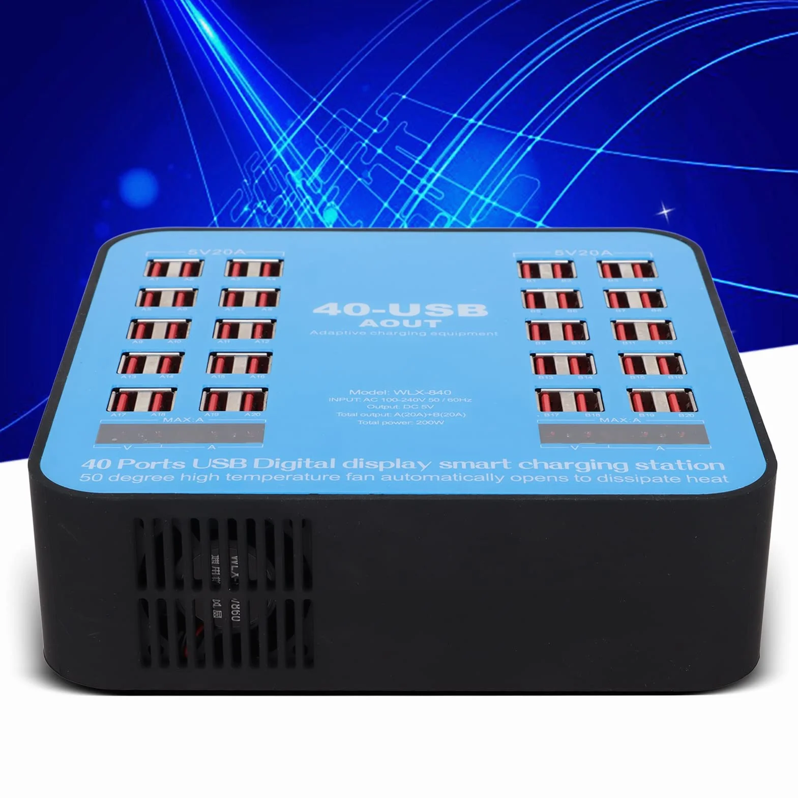 Wieloportowa Stacja ładująca USB, Koncentrator ładujący WLX‑840 z 40 Portami i Cyfrowym Wyświetlaczem LCD, Wieloportowa ładowarka 200 W do Tabletu z Telefonem Komórkowym(Wtyczka UE)