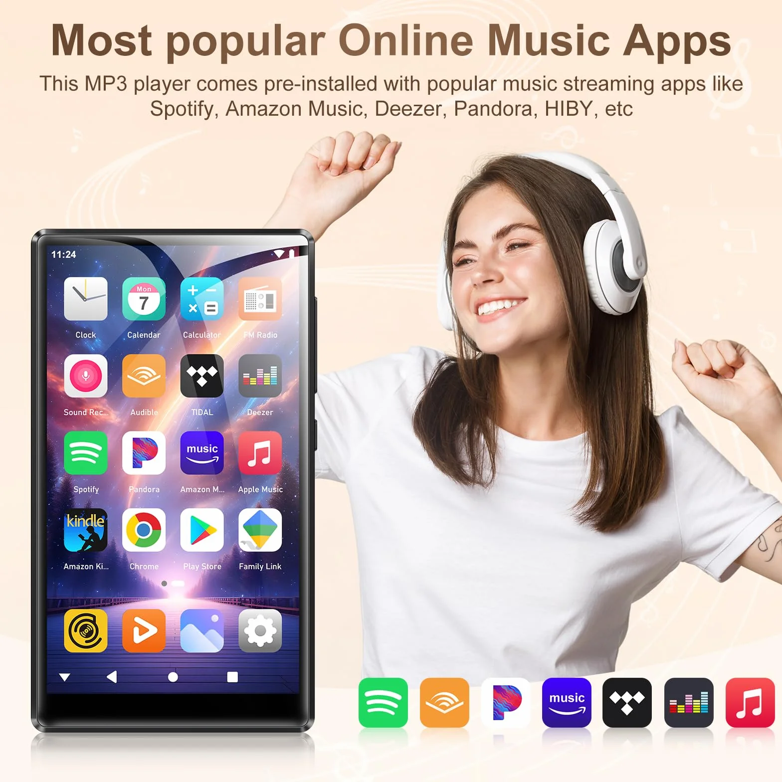 SWOFY Odtwarzacz MP3 z ekranem dotykowym 96 GB, 5 cali, Bluetooth 5.0, 2500 mAh, dwuzakresowa sieć Wi-Fi, Android 13.0, dźwięk HI-FI, wstępnie zainstalowany Spotify & Amazon Music E-book Reader