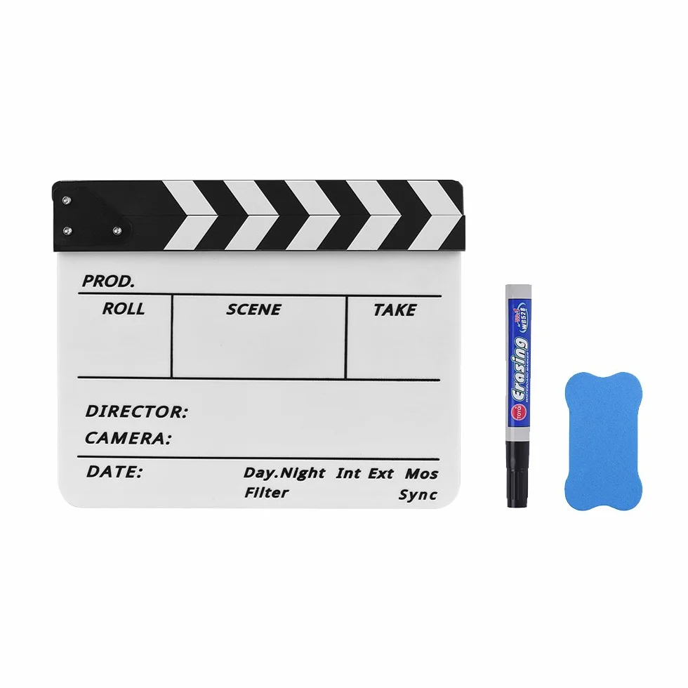 Wakects Profesjonalna Akrylowa Klapsa Clapperboard z Pisakiem i Gumką do Filmów Telewizji Reklam (Biały i czarny kij)