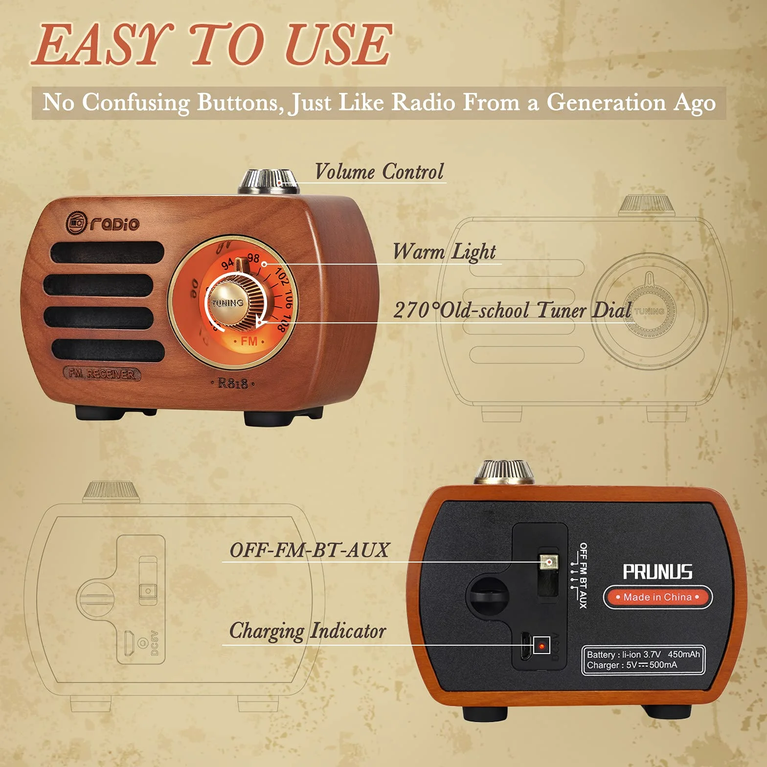 PRUNUS R-818 drewniane radio retro z głośnikiem Bluetooth, przenośne FM FM, małe ładowanie, głośnik basowy o doskonałej jakości basów, obsługuje wejście AUX (drewno wiśniowe)