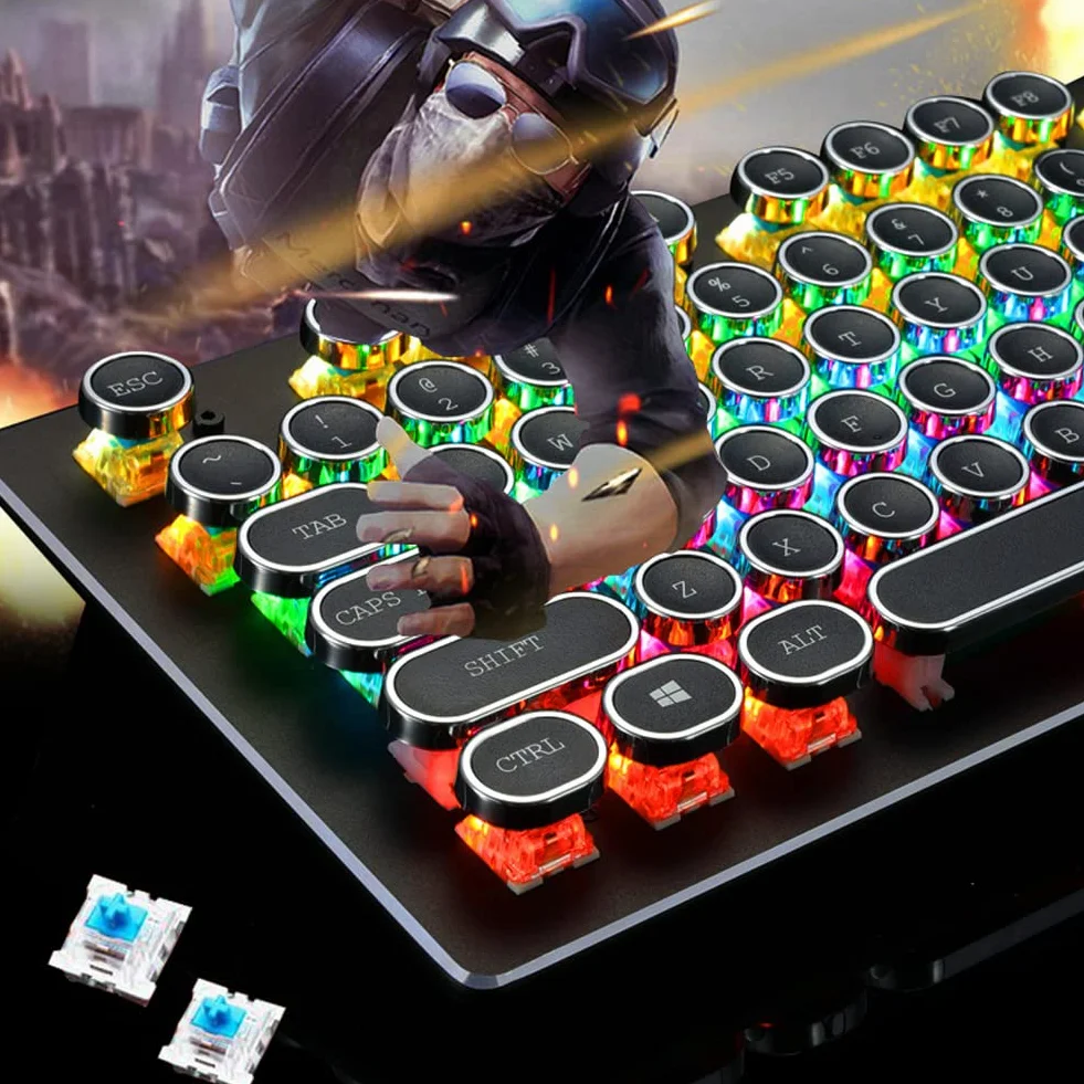 HJK920 Mechaniczna klawiatura do gier, oświetlenie RGB LED, 104 klawiszy, klawiatura retro, przewodowa, do komputerów PC Gamer Office i laptopa stacjonarnego (czarny)