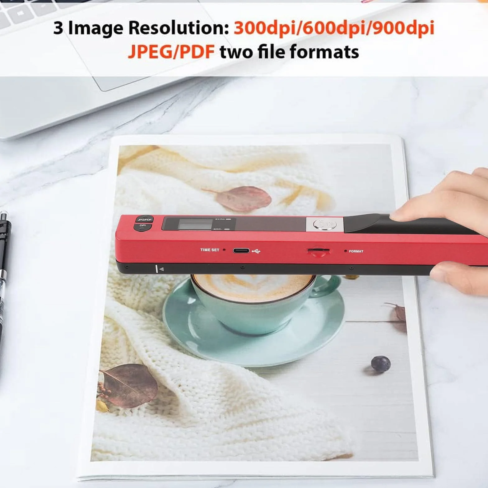 Przenośny Skaner Skaner Fotograficzny 900 DPI Ręczny Skaner Dokumentów A4 do zdjęć Biznesowych, zdjęć, Paragonów, Książek, Wyboru Formatu JPEG/PDF (czerwony)