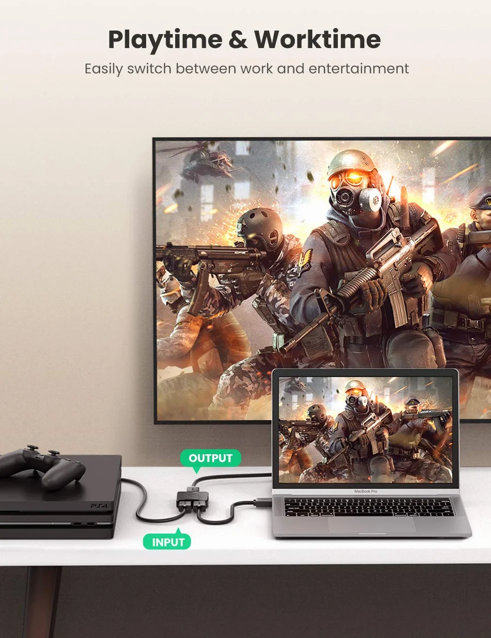 UGREEN 2 w 1 Out Przełącznik HDMI lub 2 w 1 Out HDMI Splitter 4K@30Hz dla PS5, Xbox, TV stick, Switch, PC itp.