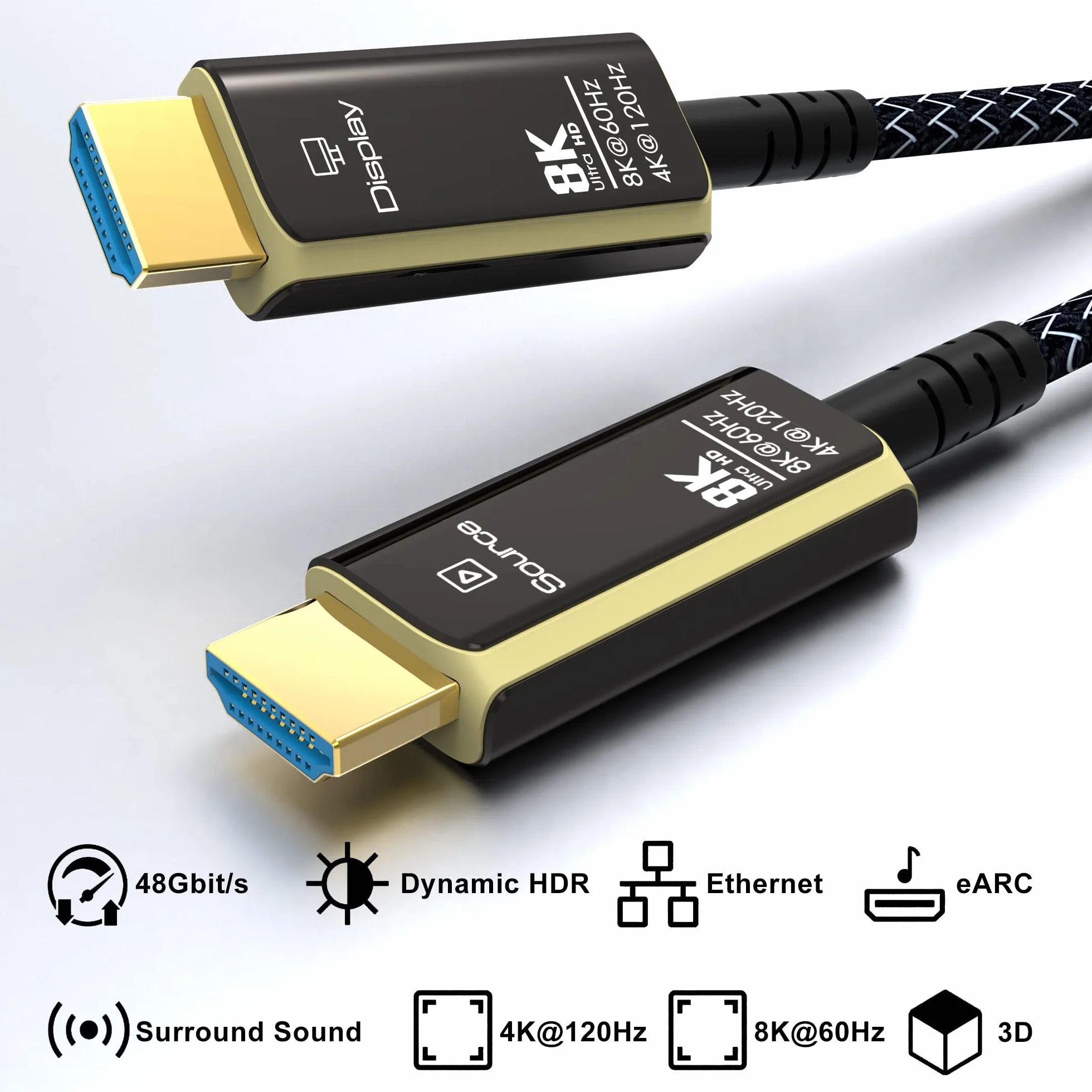 PREMIUMCORD 8K Aktywny Kabel Światłowodowy HDMI 2.1, Ultra High Speed 48 Gbit/s, 3D, EDID, ARC, HDR, Resolution 8K@60Hz 4320p, 4K@120Hz, Kompatybilny z PS5, Xbox X, PC, TV, Spłaty złota, Długość 10 m