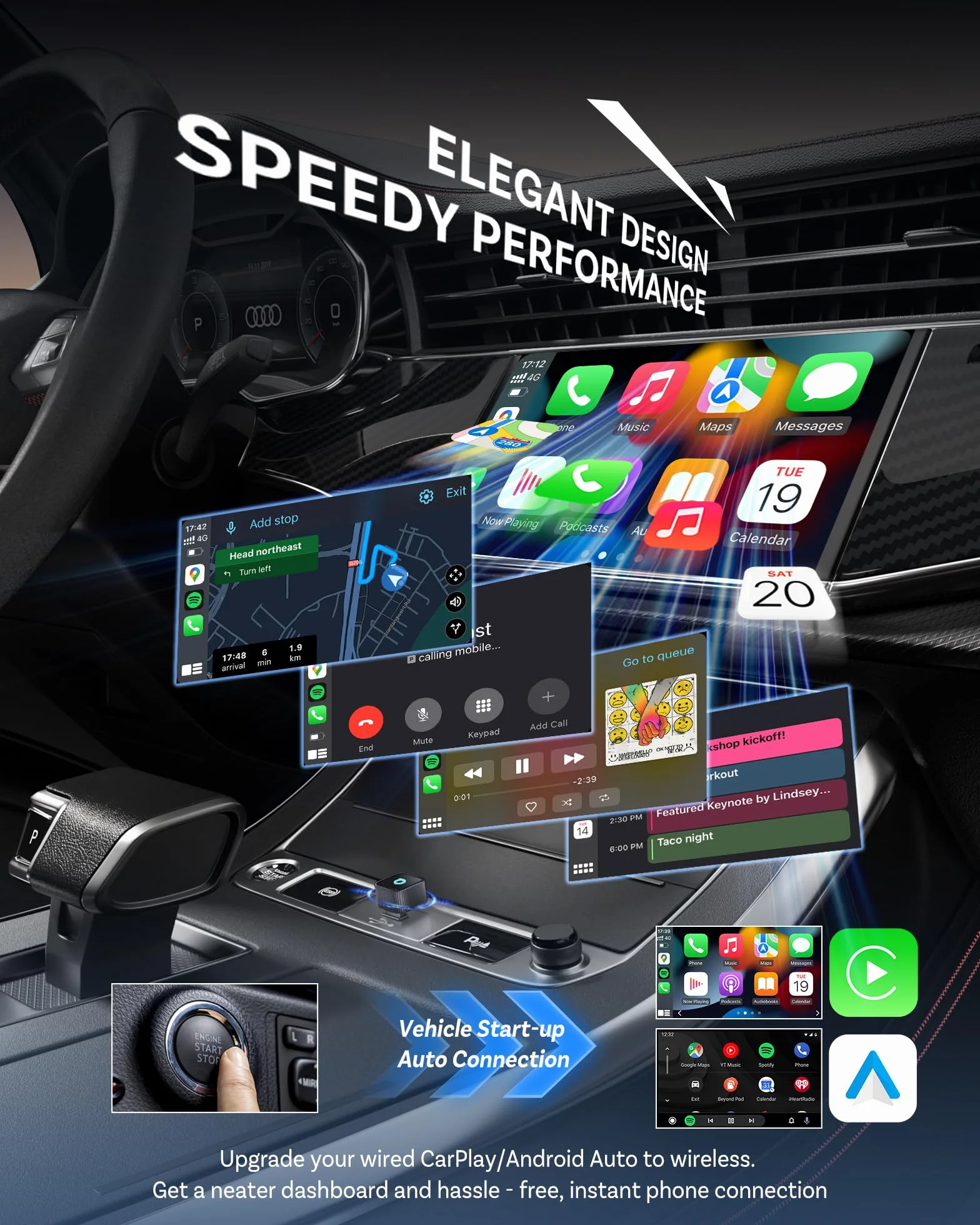 OTTOCAST Mini Slim 2026, bezprzewodowy adapter CarPlay i Android Auto Adapter, przewodowy CarPlay i Android Auto do bezprzewodowego, szybkie automatyczne połączenie, kompaktowy klucz USB C, czarna