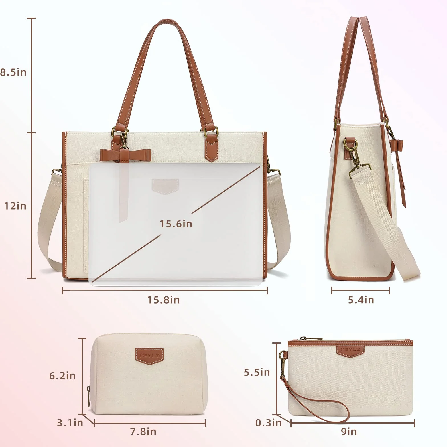 Keyli 3 szt. torba na laptopa dla kobiet płócienne torby na ramię o dużej pojemności 15,6 cala lekka teczka portfele, multi, Minimalistyczny