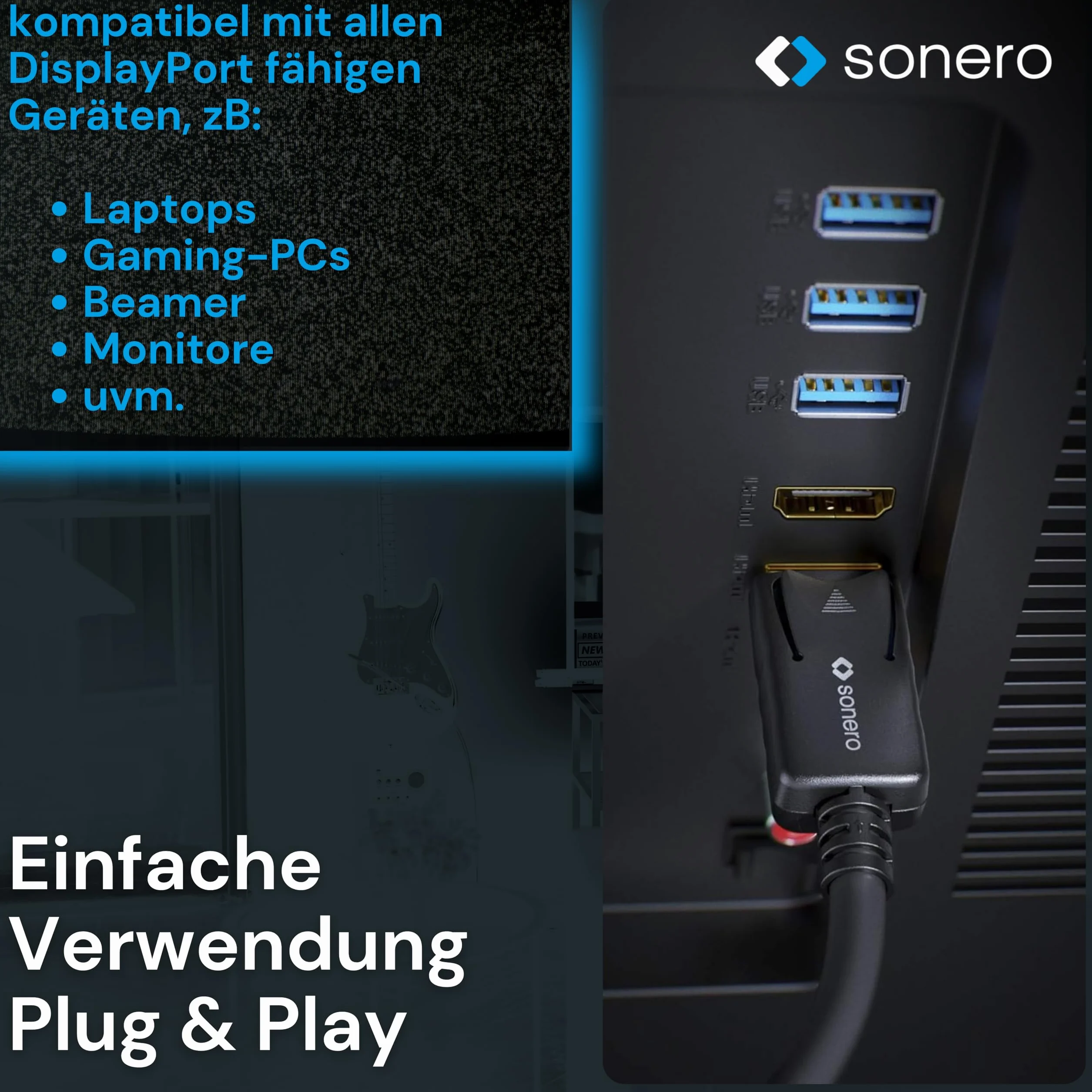 sonero Kabel DisplayPort 1.4 o długości 1,8 m, DisplayPort do DisplayPort, 8K przy 60 Hz, czarny