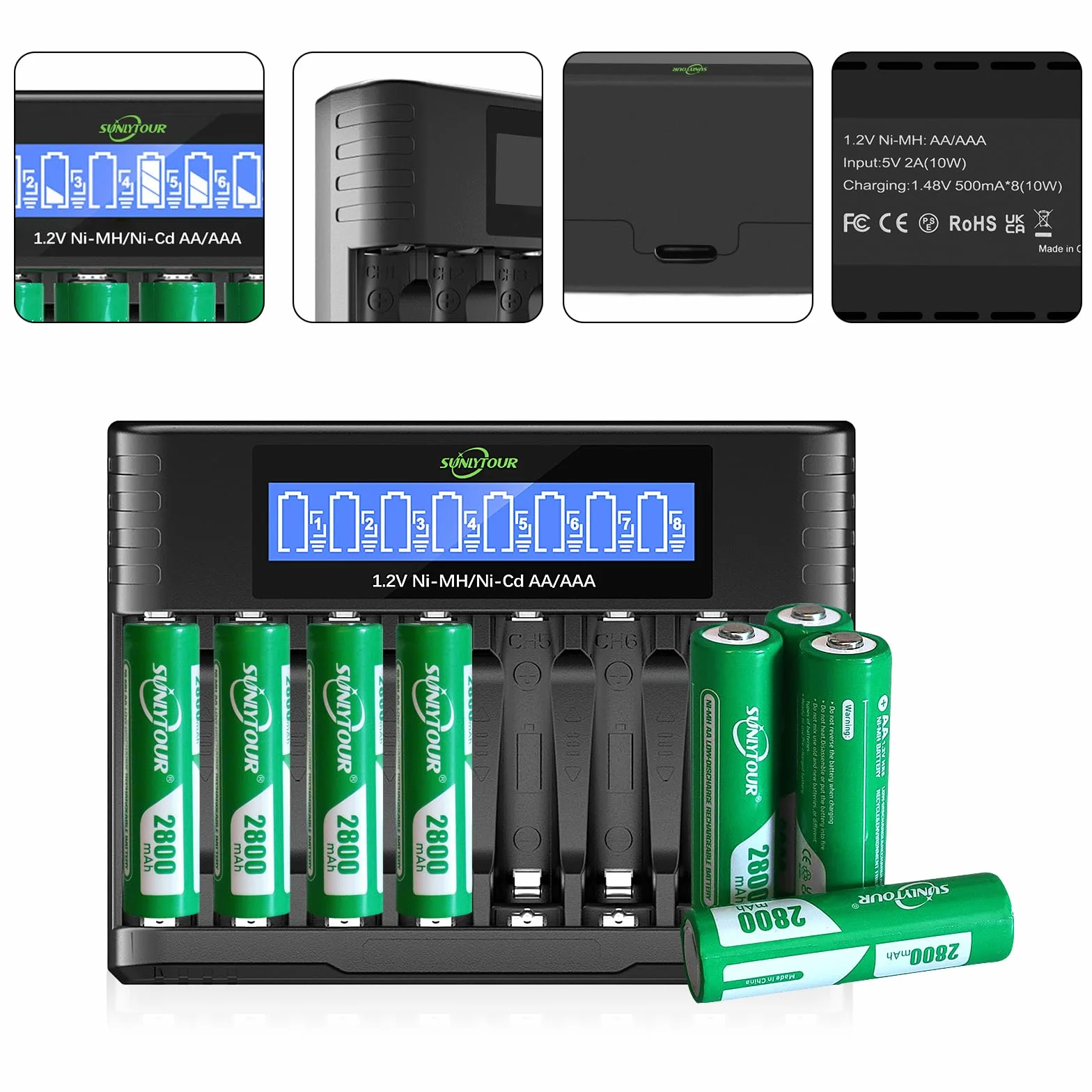2800mAh Ni-MH AA Bateria z ładowarką,SUNLYTOUR 8 Sztuki 2800mAh AA Ni-MH Baterie z 8 Gniazdami AAA AA Ładowarka,Ładowanie do 1200 Cyklów