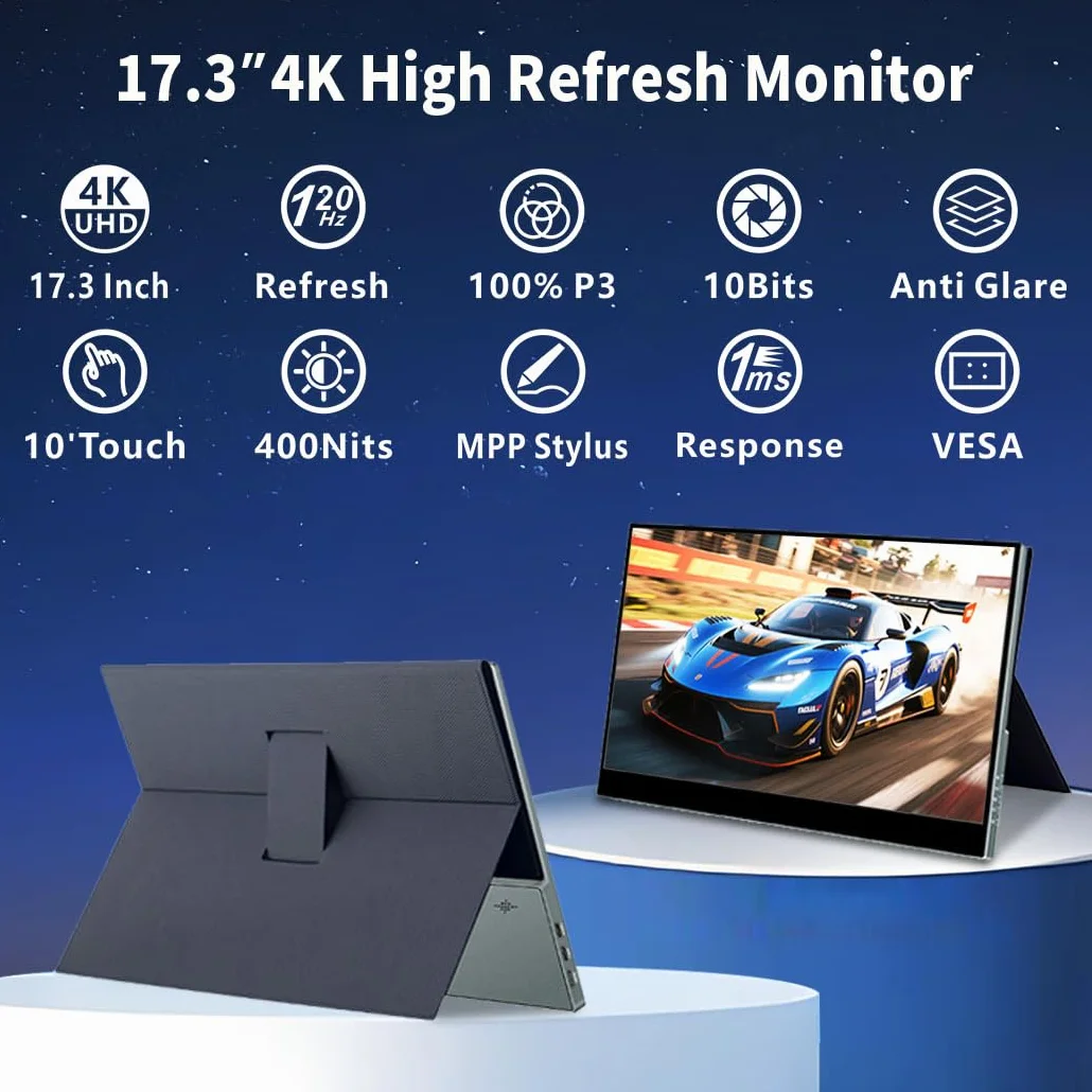 Przenośny monitor 4K ekran dotykowy 17,3", 120 Hz, obsługa MPP Stylus | UHD |100% DCI-P3 |Anti-Glare Eye Care | VESA i Smart Cover | Mobile Monitor do laptopa, konsoli do gier PC