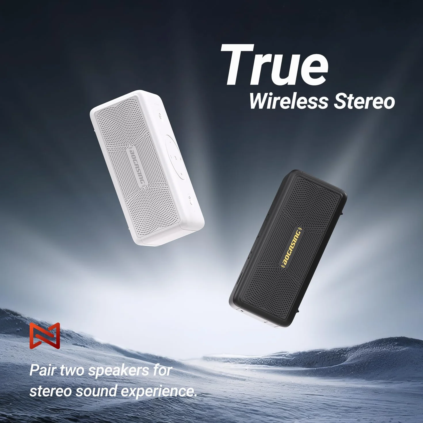 BOGASING Potężny głośnik M5, 40 W Surround Stereo, głębokie basy, 30 godzin autonomii, Bluetooth 5.3, wodoszczelność IPX7, EQ, AUX, karta TF, USB, przenośny bezprzewodowy do użytku na zewnątrz (biały)