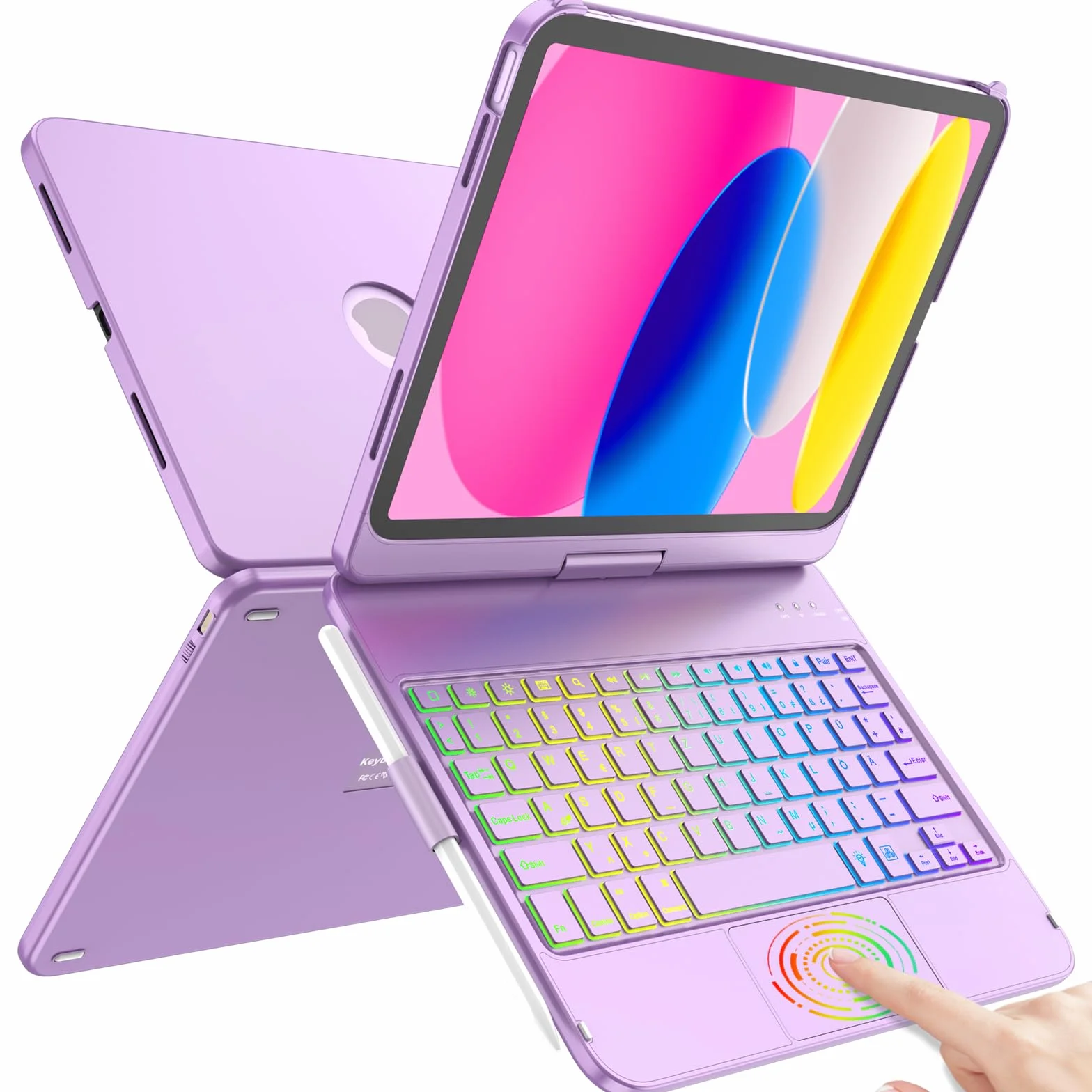 TQQ Etui z klawiaturą do iPada A16 11 generacji 2025/10 generacji 2022 (11/10,9 cala), z precyzyjnym gładzikiem, klawiatura podobna do notebooka z 7-kolorowym podświetleniem, obracana o 360°