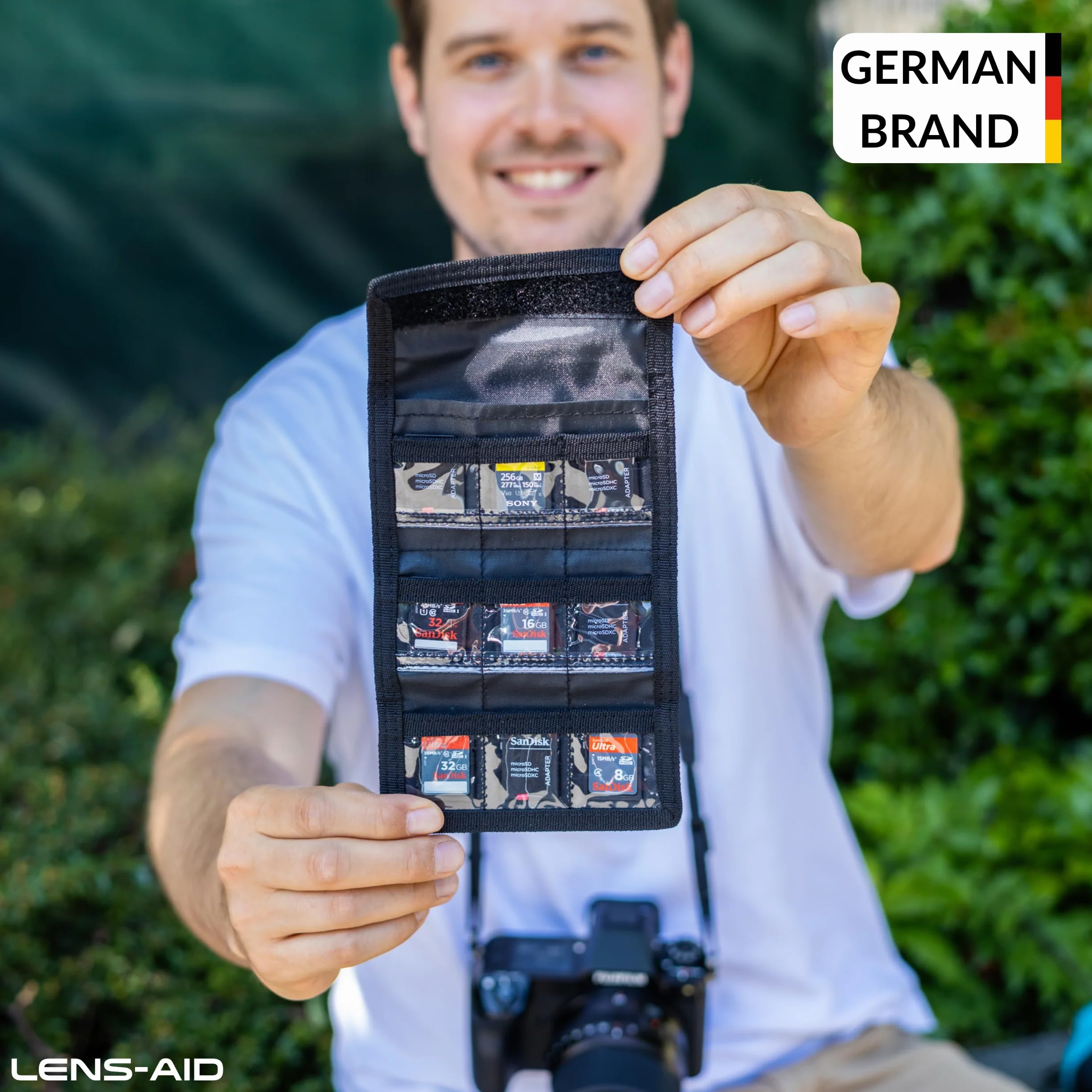 Lens-Aid Etui na karty SD do przechowywania: Kompaktowe etui na maksymalnie 9 kart SD, CFexpress, XQD, gry Switch - Etui wykonane z wytrzymałej tkaniny nylonowej z zapięciem na rzep i pętelką