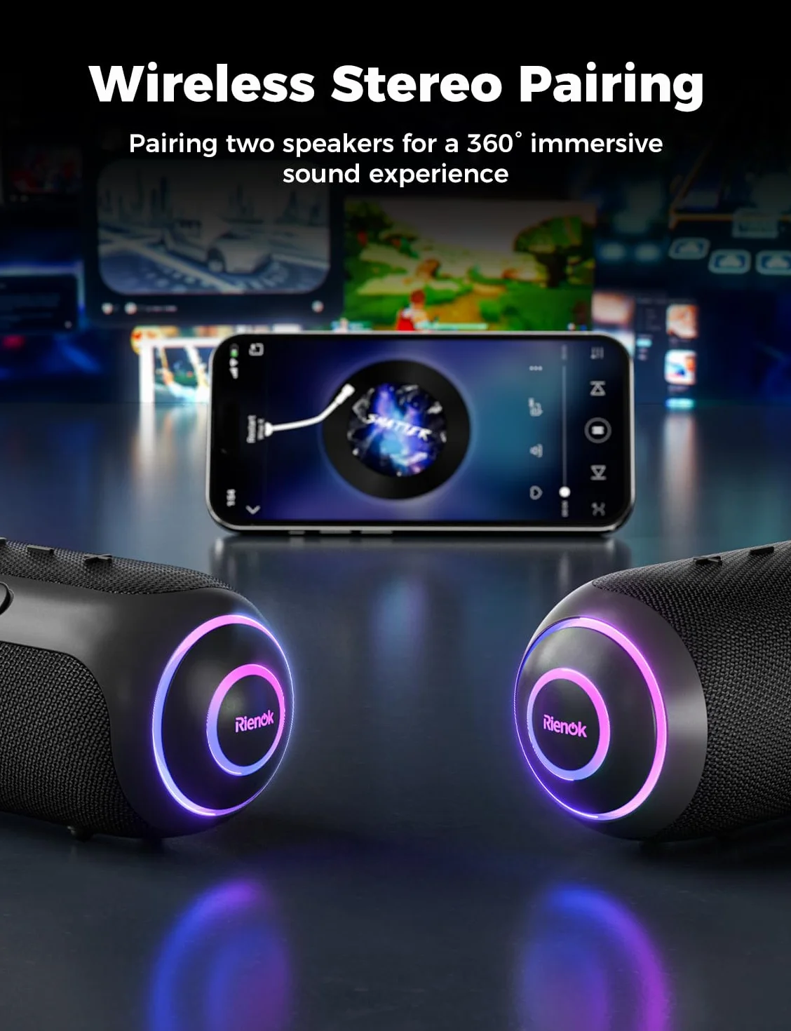 RIENOK 40 W – potężny głośnik Bluetooth, wodoodporność IPX7, bateria 5200 mAh, głośnik wysokotonowy i niskotonowy Bluetooth 5.3, przenośne bezprzewodowe parowanie stereo, obsługa karty TF i AUX