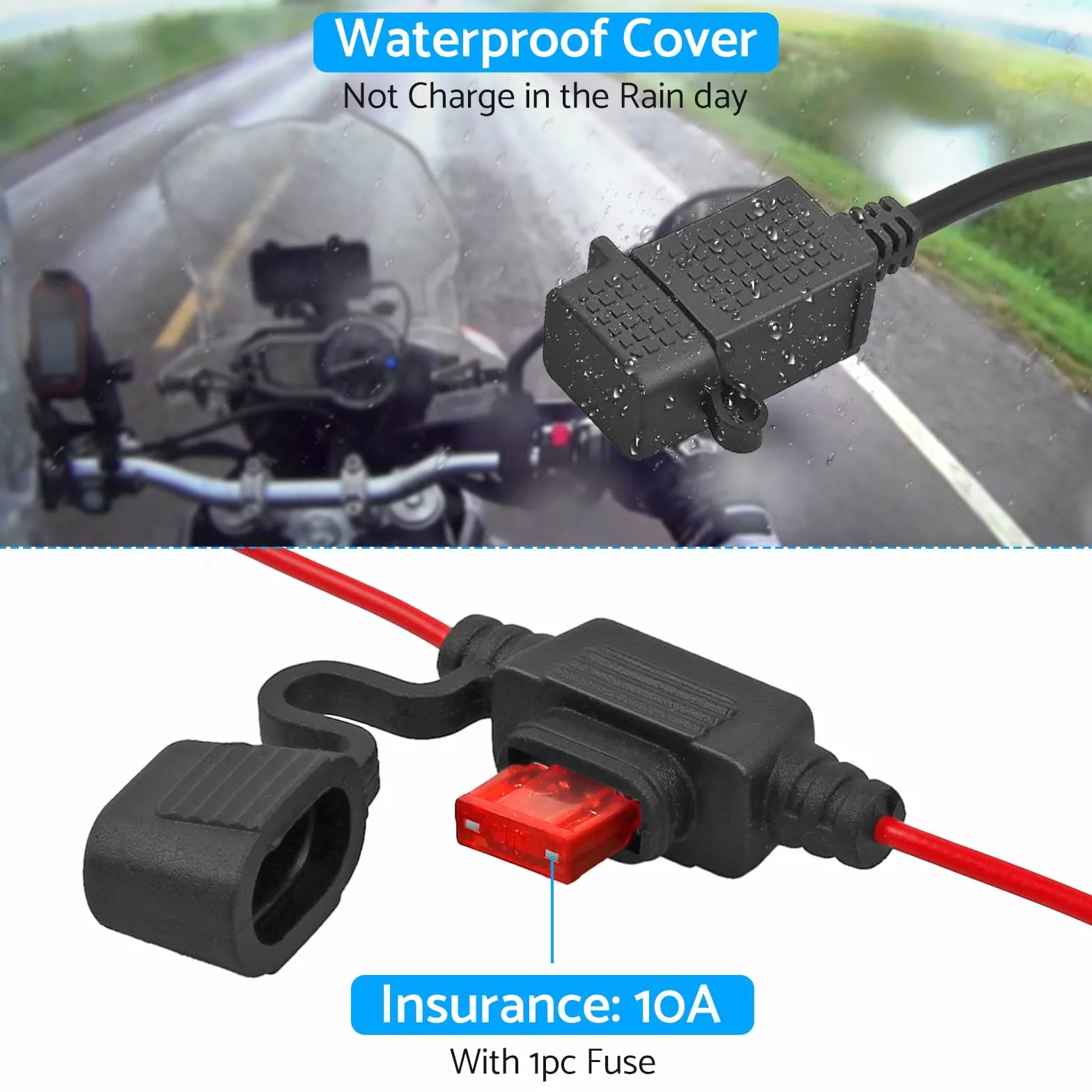 eSynic Profesjonalna ładowarka motocyklowa USB - wodoodporne gniazdo 1,82 m do telefonu, GPS, uniwersalna ładowarka motocyklowa 12/5 V