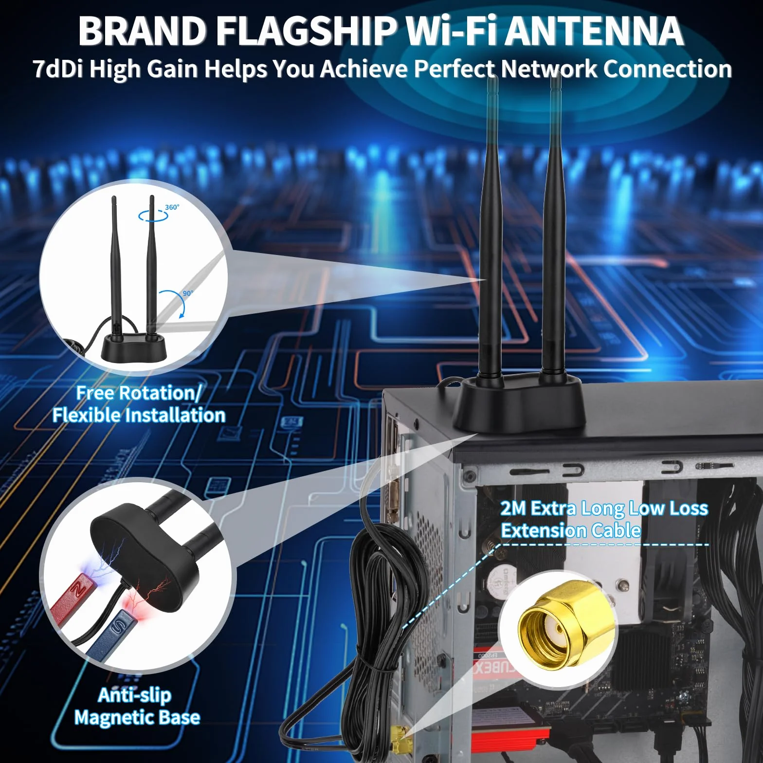 Eightwood Antena WiFi Dual Band 2,4/5/5,8 GHz RP-SMA z magnesem, przedłużacz kabla do routera