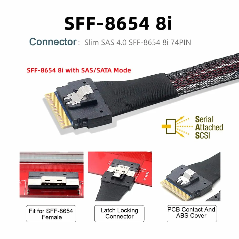 SlimSAS Host/RAID do SATA Target, Slim SAS 4.0 SFF-8654 8i 74pin 1 do 8 SATA 7-pinowy kontroler Raid / kabel dysku twardego 1,64 ft/0,5 m