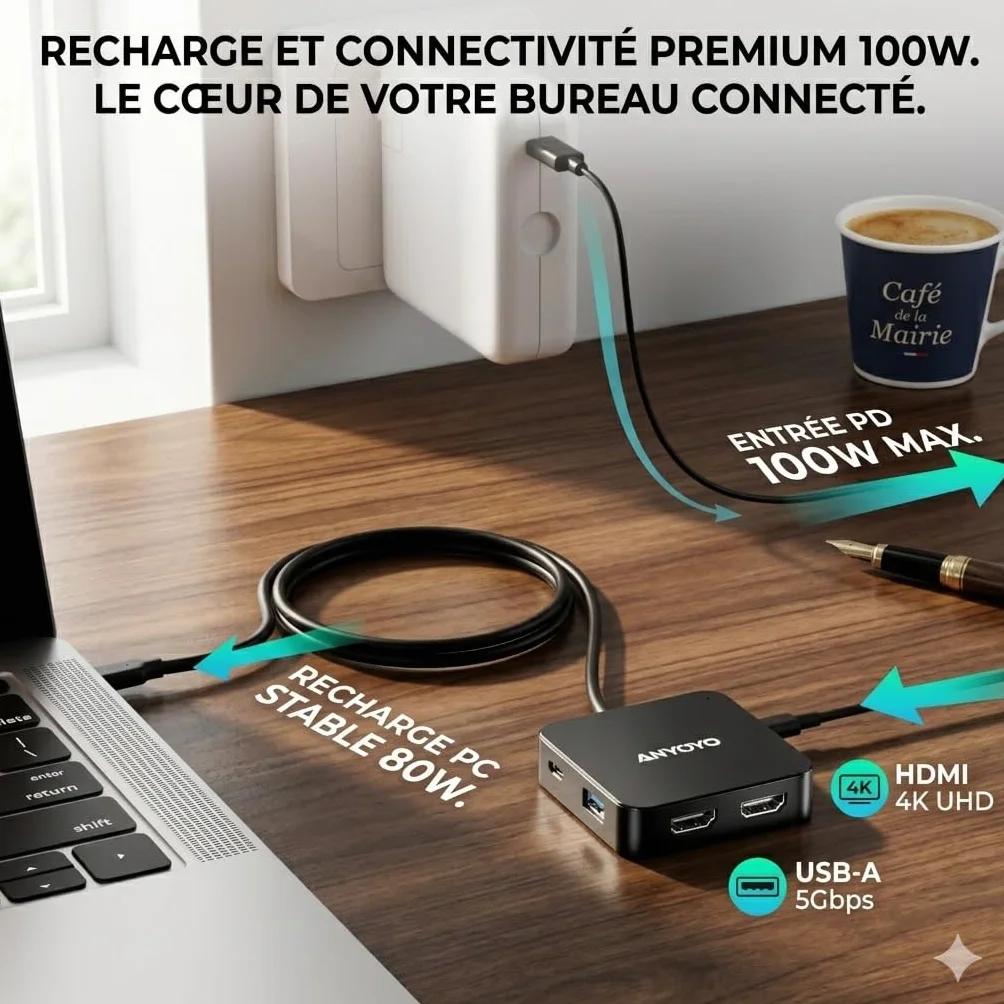 Anyoyo Stacja dokująca USB C Dual HDMI 4K 60 Hz, koncentrator z długim kablem 60 cm do biura, stacja dokująca 6 w 1 PD 100 W, 2 USB 3.0, wieloportowy adapter typu C do MacBook Air/Pro M1 M2 M3, Dell