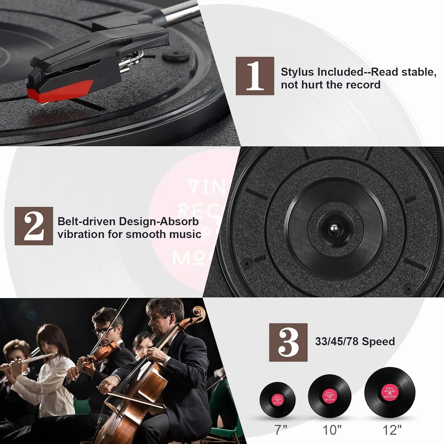 Gramofon winylowy Bluetooth z głośnikami stereo i USB, wyjście odtwarzacza na RCA, gramofon w kolorze drewna do rozrywki domowej
