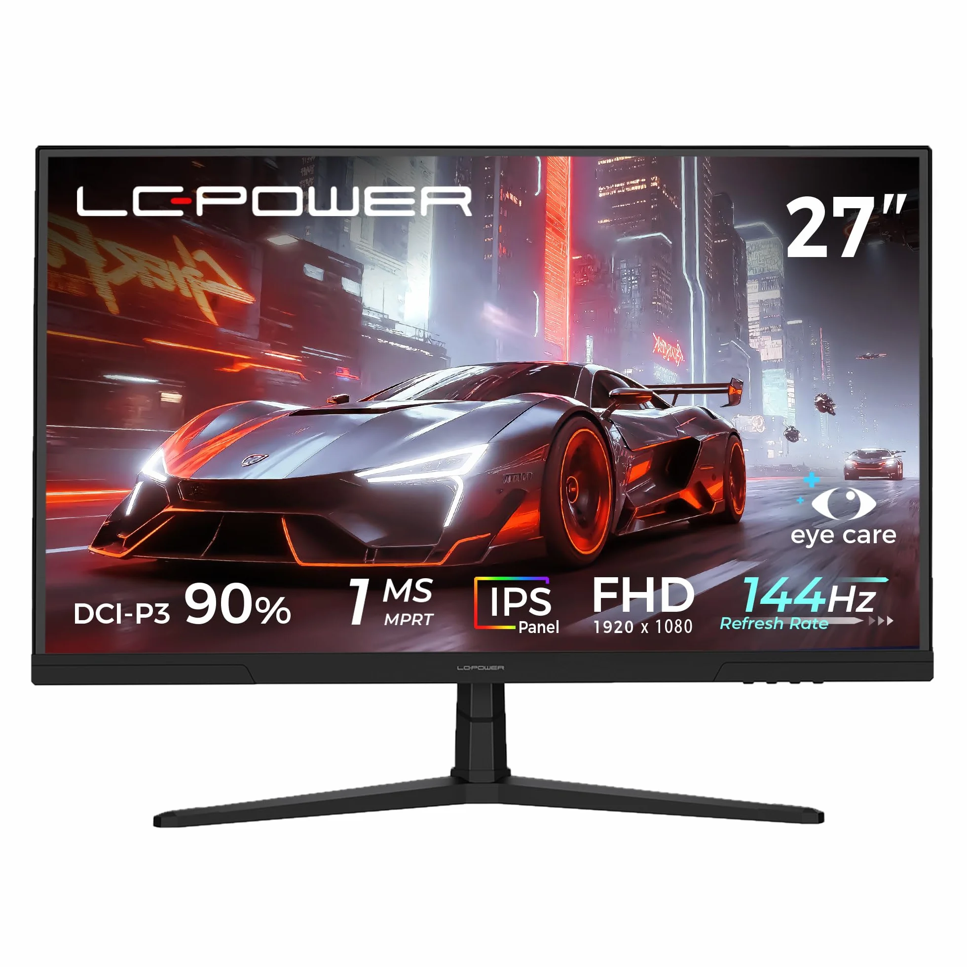 LC-POWER Monitor gamingowy 27", ekran Full HD PC z panelem IPS, 1920 × 1080, 144 Hz, 1 ms MPRT, 16:9, Adaptive Sync, HDMI, Display Port, gniazdo słuchawkowe 3,5 mm, VESA 100 x 100