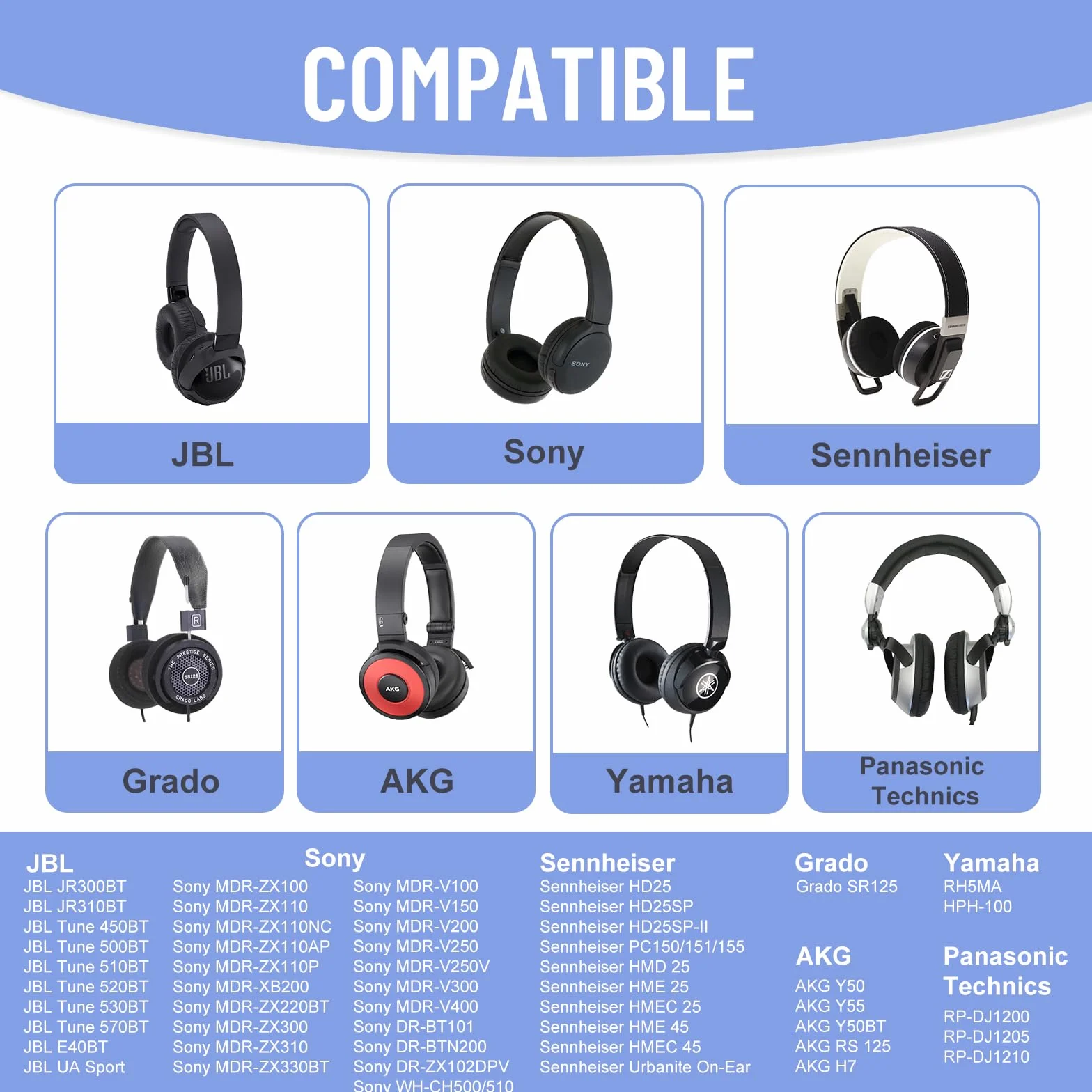 Zamienne nauszniki kompatybilne z JBL Tune520BT/Tune510BT/T500BT/T450BT/Tune660NC/JBL JR300BT/JR300/JR310BT/JR310 (składana skóra proteinowa - niebieska)