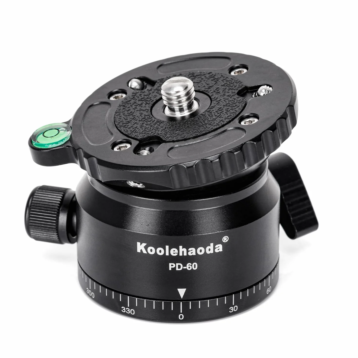Koolehaoda Głowica poziomująca do aparatu, aluminiowa podstawa panoramiczna 360° frezowana CNC z gwintem 3/8" i przesuniętym poziomicą do głowicy wideo, statywów i monopodów (PD-60)