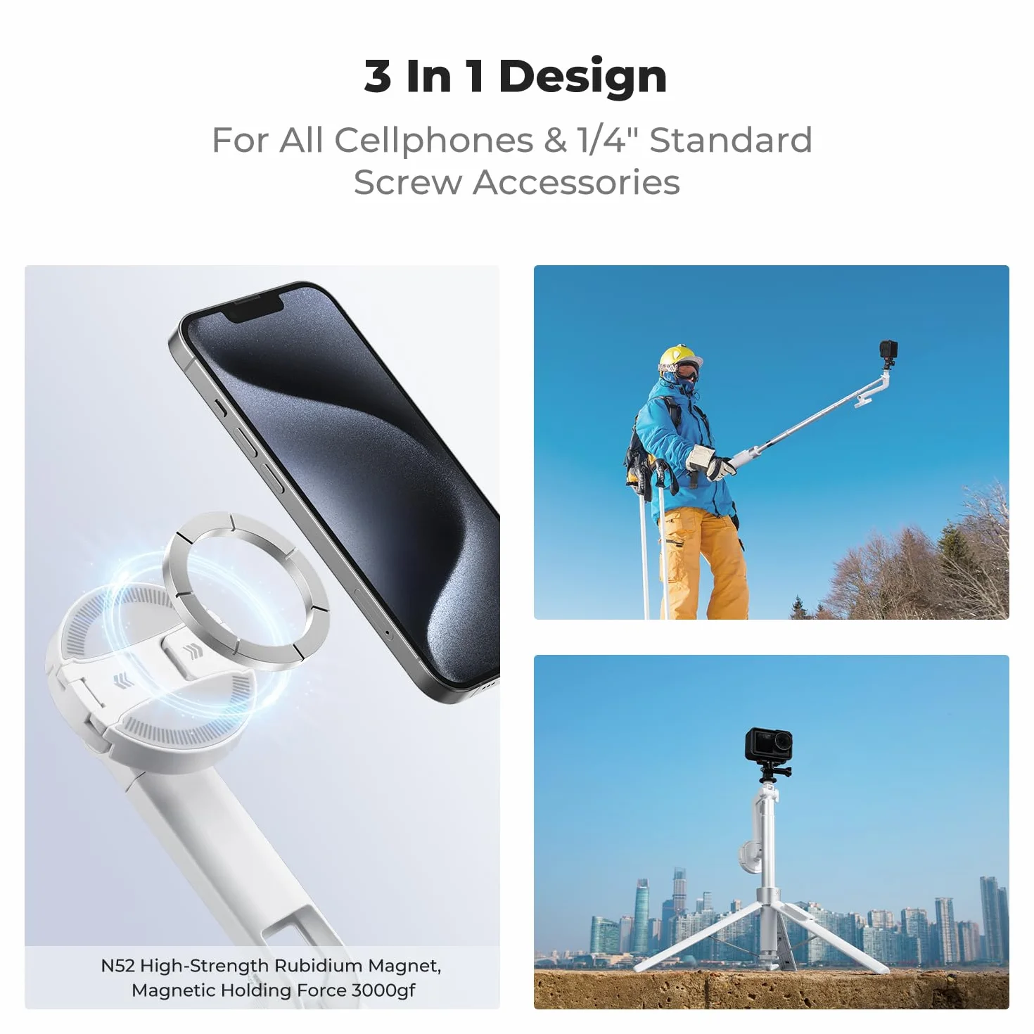 Statyw K&F CONCEPT Popod 3 w 1 do telefonu ze zdalnym spustem migawki, obrotowy magnetyczny kij do selfie 360° z klipsem, kompatybilny z telefonami iPhone/Samsung/Android i DJI Osmo Pocket 3/4 (biały)