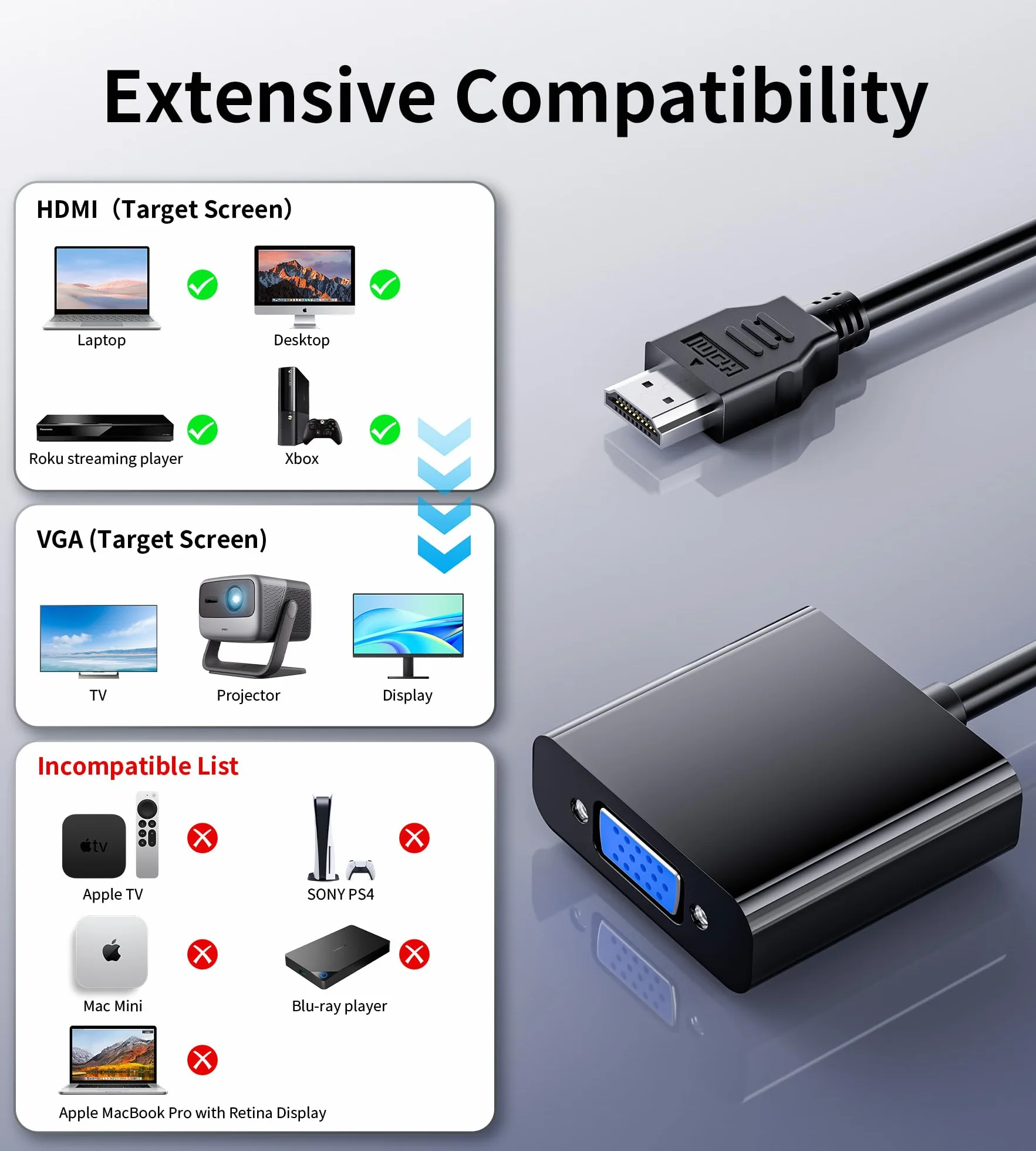 BHHB HDMI na VGA, jednokierunkowy adapter HDMI do monitora VGA (wtyczka na gniazdo), kabel HDMI do VGA, kompatybilny z monitorem komputerowym, laptopem, projektorem, HDTV, Chromebookiem, Raspberry Pi